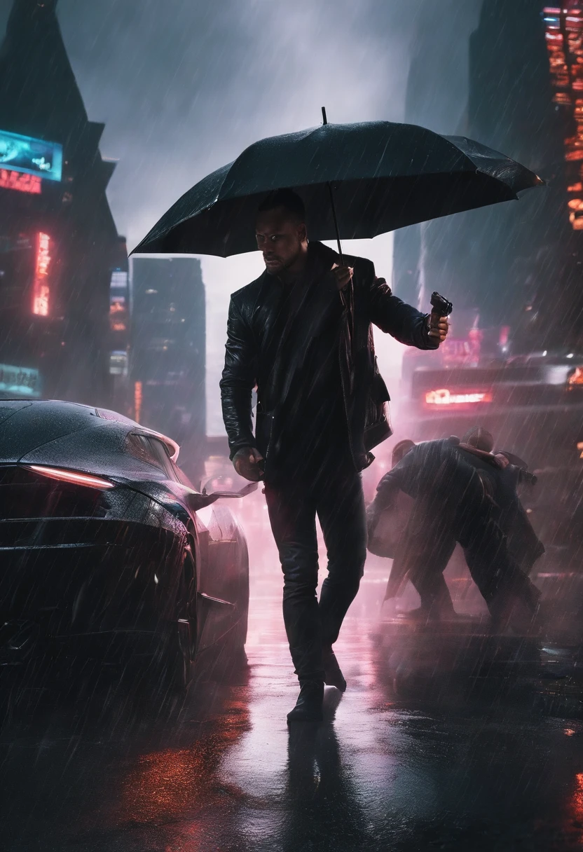 ight, Two people fight in the rain on top of a building in a cyberpunk city? What a rich dinner! I imagined it was raining heavily, Neon lights shine on the city, And the guys who fight with all their might. One of them may be wearing a black fur coat, While the other was wearing a futuristic hoodie. Looks like a thrilling action scene!