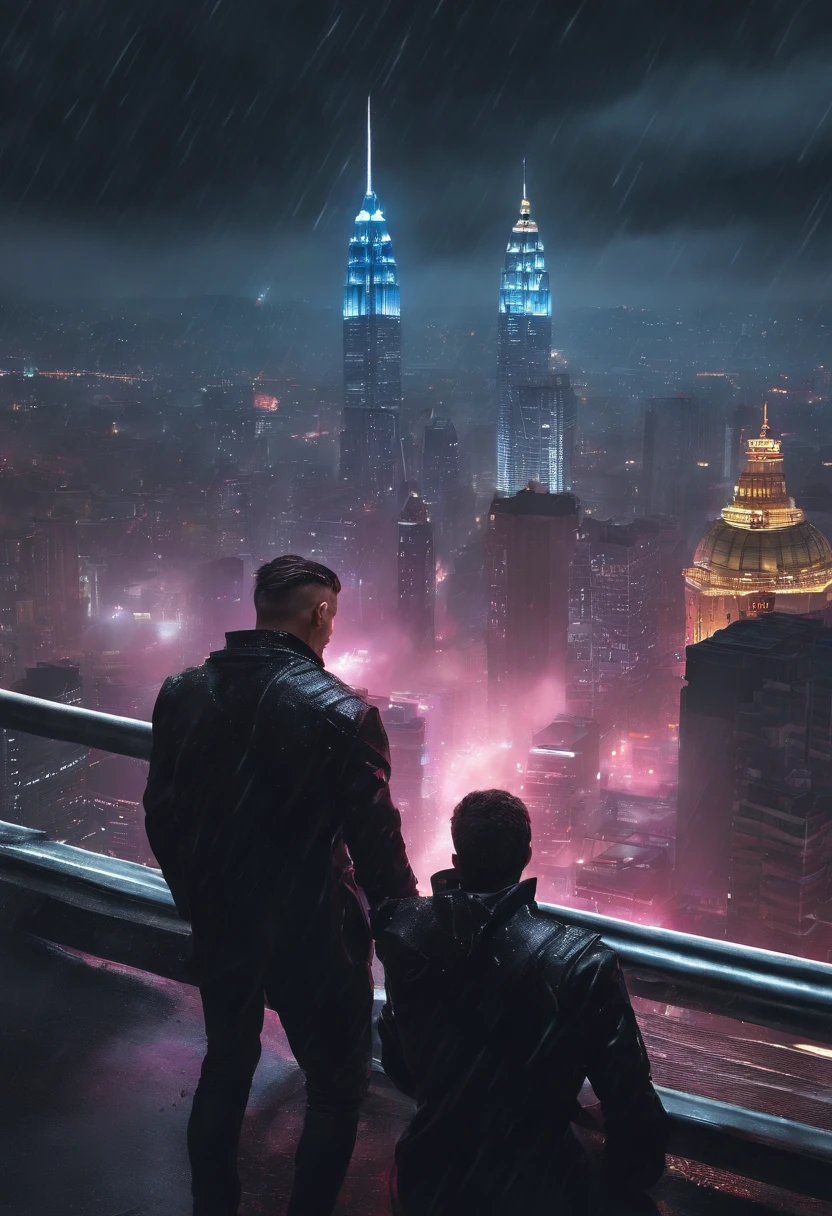 ight, Two people fight in the rain on top of a building in a cyberpunk city? What a rich dinner! I imagined it was raining heavily, Neon lights shine on the city, And the guys who fight with all their might. One of them may be wearing a black fur coat, While the other was wearing a futuristic hoodie. Looks like a thrilling action scene!