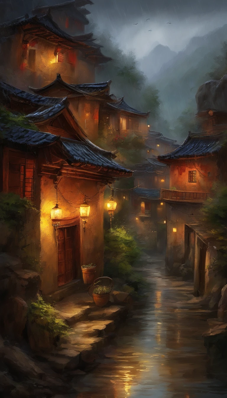 arafed view of a village with a lot of lights on the buildings, dreamy chinese town, chinese village, amazing wallpaper, japanese town, japanese village, hyper realistic photo of a town, old asian village, japanese city, by Raymond Han, rainy evening, cyberpunk chinese ancient castle, beautifully lit buildings, at evening during rain, beautiful and aesthetic, photography, cinematic, 8k, high detailed ((Heavy rain)))