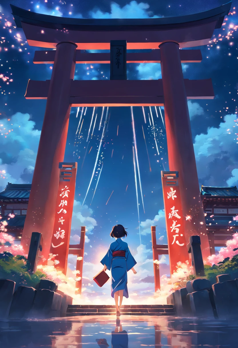 masterpiece, best quality, movie still, Footage of the main character wearing kimono passing through a mysterious torii gate a new world with ocean of cloud night sky and firework, shoot angle from ground
