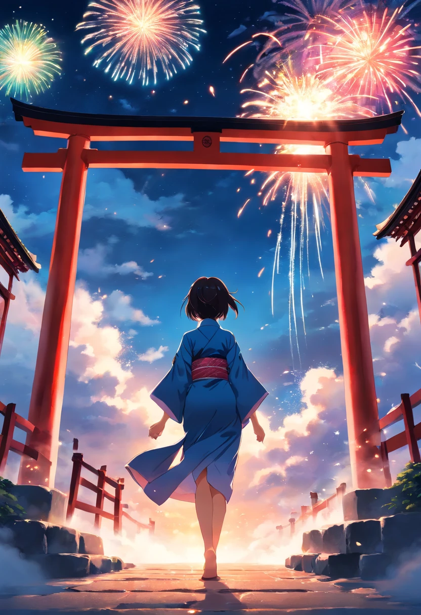 masterpiece, best quality, movie still, Footage of the main character wearing kimono passing through a mysterious torii gate a new world with ocean of cloud night sky and firework, shoot angle from ground