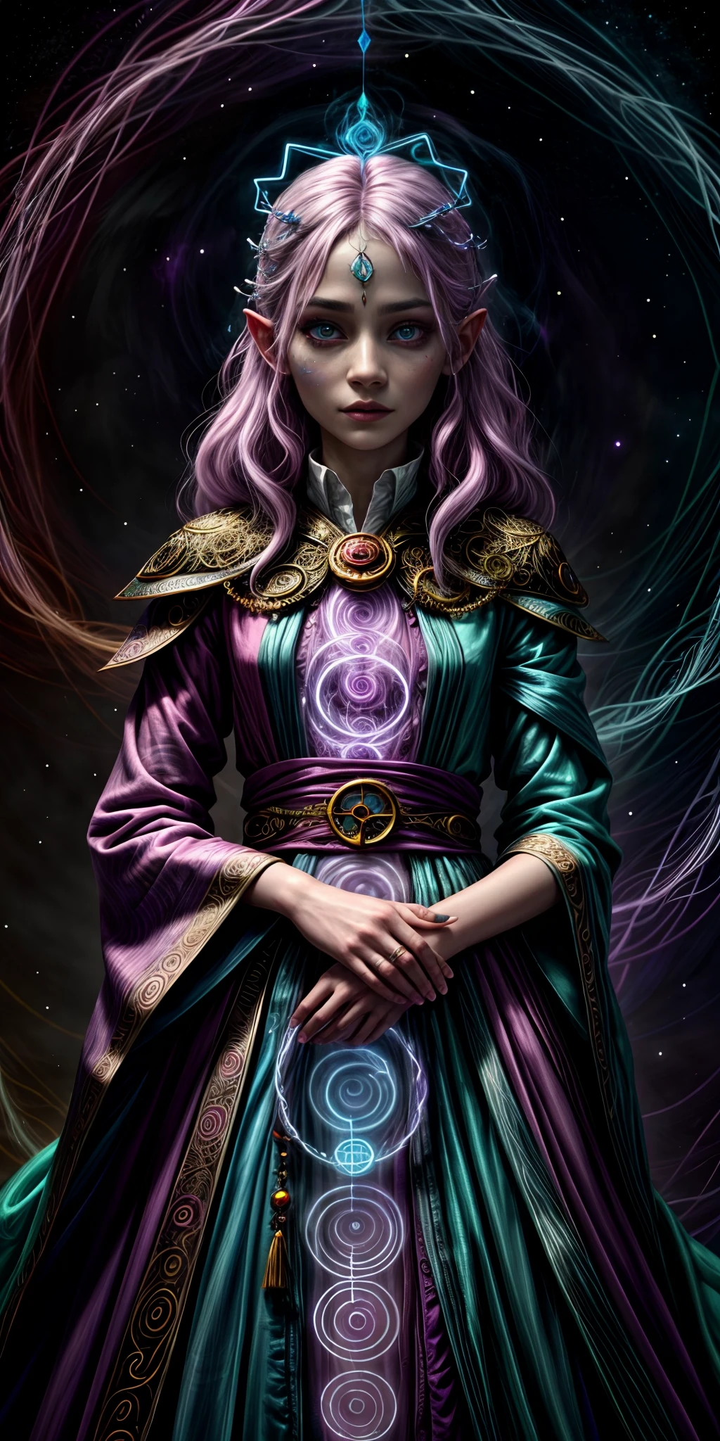 In the hovering celestial portrait, a mesmerizing mauve-tinted phantasmagoric mage captures our attention. This image, reminiscent of a meticulously painted mystical landscape, portrays a mage with ethereal features, radiating an otherworldly aura. The aerial photograph showcases the mage suspended mid-air, surrounded by swirling lights and enchanted mist. The impeccable sharpness and vivid hues of the image flawlessly depict the mage's intricate robes adorned with intricate symbols, while every subtle detail of their intricate face is visible, from the glowing eyes to the intricate facial tattoos. The mage's enigmatic expression captivates viewers, inviting them to ponder the secrets they hold within.