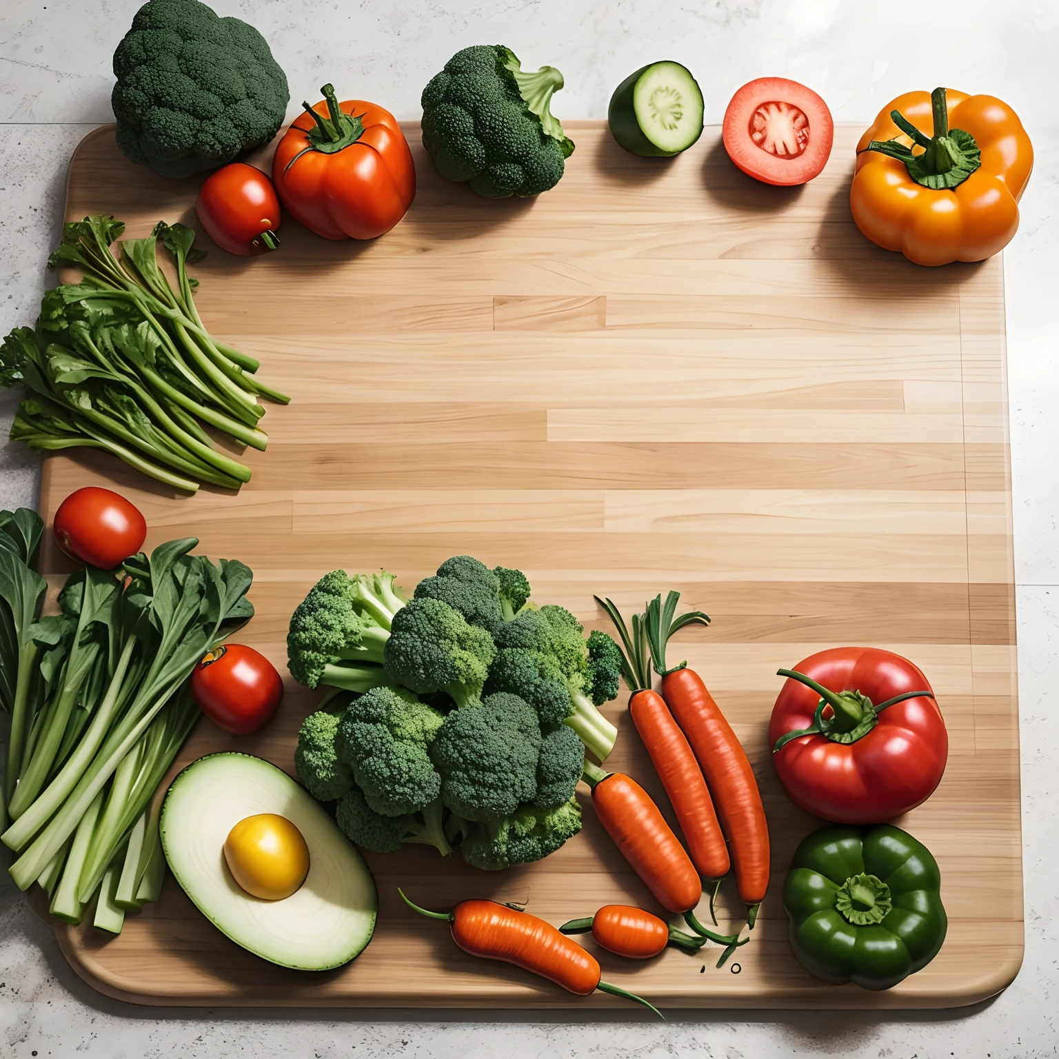 vegetables laying on a cutting board with empty space in the center