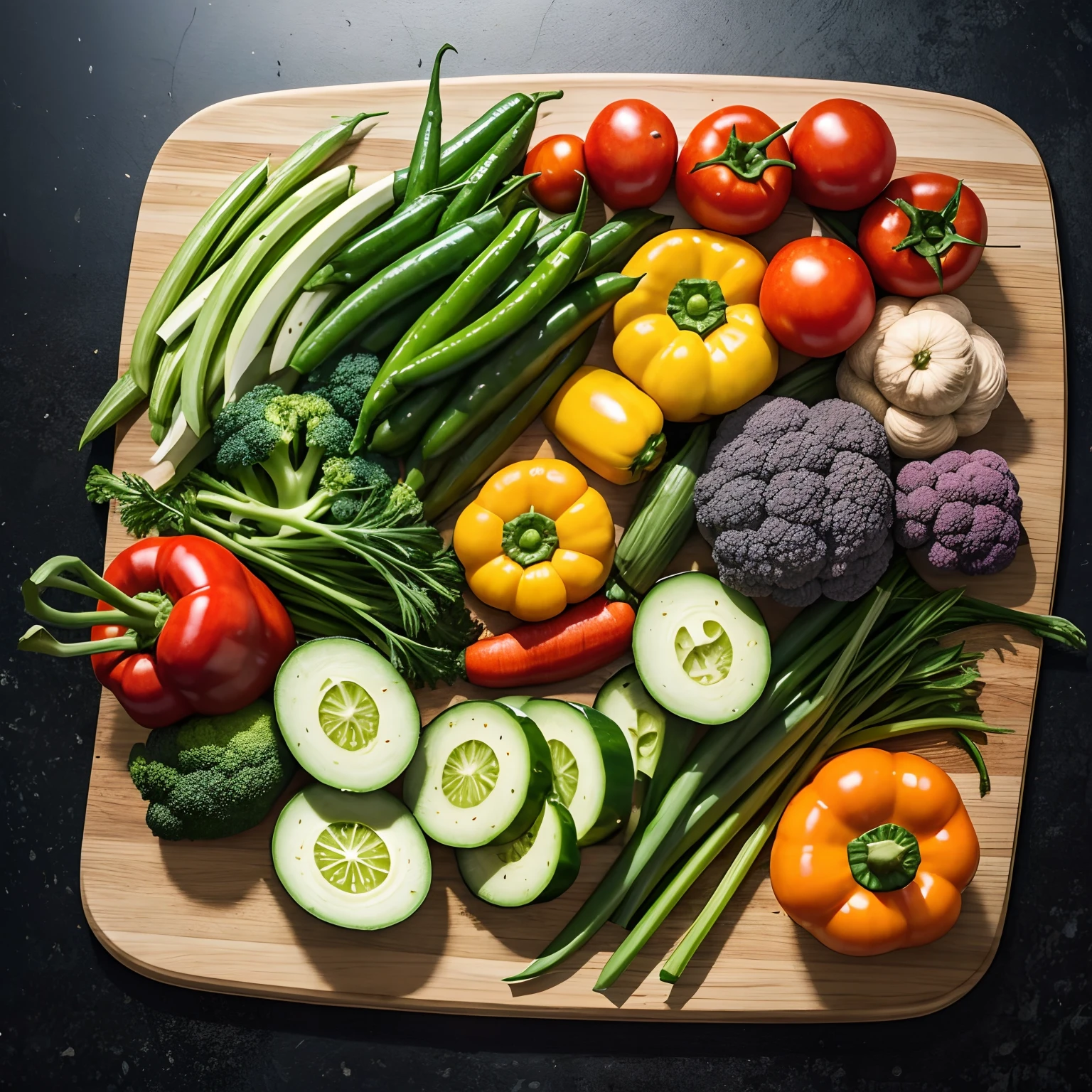 vegetables laying on a cutting board with empty space in the center