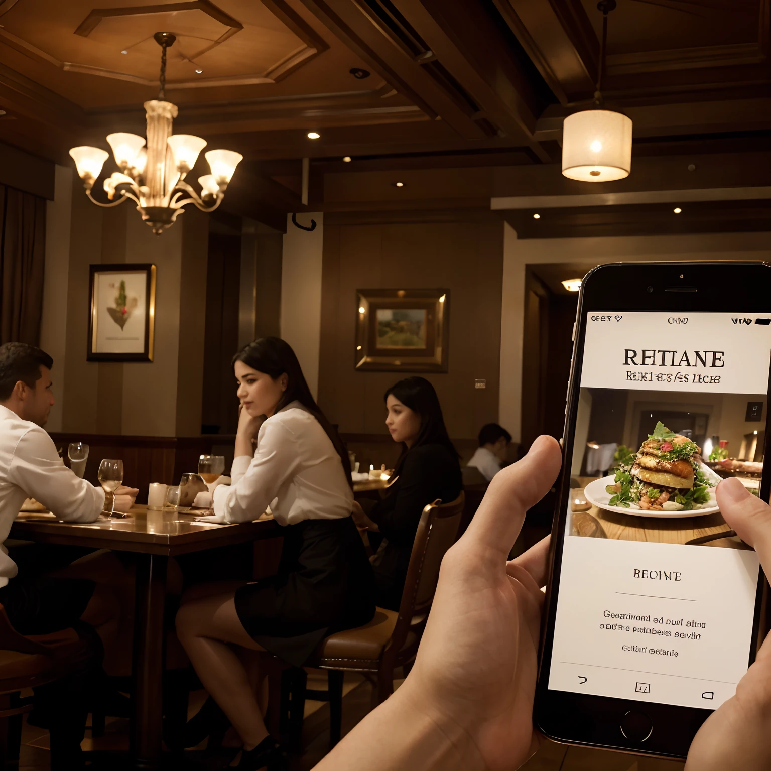 Create a high-quality photo featuring a restaurant scene. In the background, there's an elegant restaurant with guests seated at tables, enjoying their meals. In the foreground, capture a hand holding a mobile phone at one of the tables. Ensure that there's a visible QR code and an eco-friendly symbol placed on the table. The image should be of professional quality, showcasing the restaurant's ambiance and commitment to sustainability.