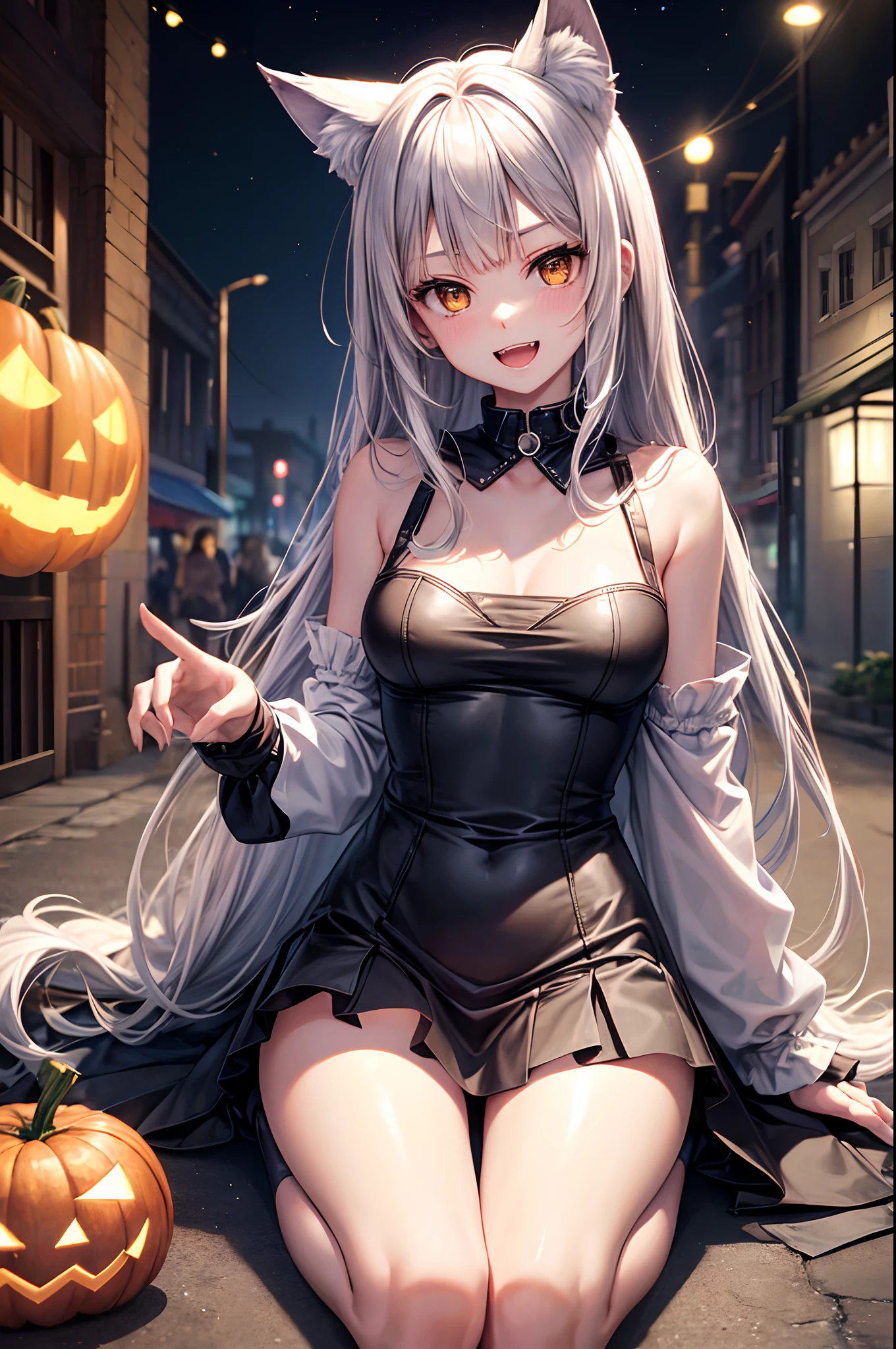 (top-quality、in 8K、32K、masterpiece、nffsw、超A high resolution、Impresionismo、Photorealsitic:1.2)、Colossal tits、cowboy shot、Fox Pose、 detailed faces and eyes、 nightcity、Dim Street Lights、A jack-o'-lantern is placed on the road、Halloween Costumes、beauitful face、blurry backround、16-year-old beautiful girl、shinny skin、long、Wolf ears、Wolf's tail、Long clawed fingers、Silvery beautiful hair、Blunt bangs、The eyes are yellow eyes、(Katyusha:1.2)、Long fingers of wolf claws、Hooded hoodie、one piece dress、Mini skirt、Collar with black laces、Curve、Stand on one knee、(Panties are visible:1.2)、A smile with open mouth and fangs bared、Triangular sitting、Opening legs