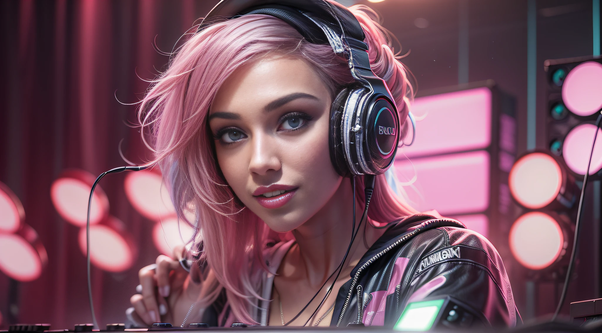 (ultra - detailed, 16K resolution, Cinema lenses,rendering by octane),A young chick woman,Has straight white and pink hair, Wearing silver DJ headphones, Shiny silver sequined T-shirt, (Iconic hip-hop pop costumes:1.3), Smile while DJing on stage.Stand in front of the DJ equipment,full body shot of, The spotlight shines on the female DJ. Photorealistic photography by Disco Lighting
Wait for it to boot up