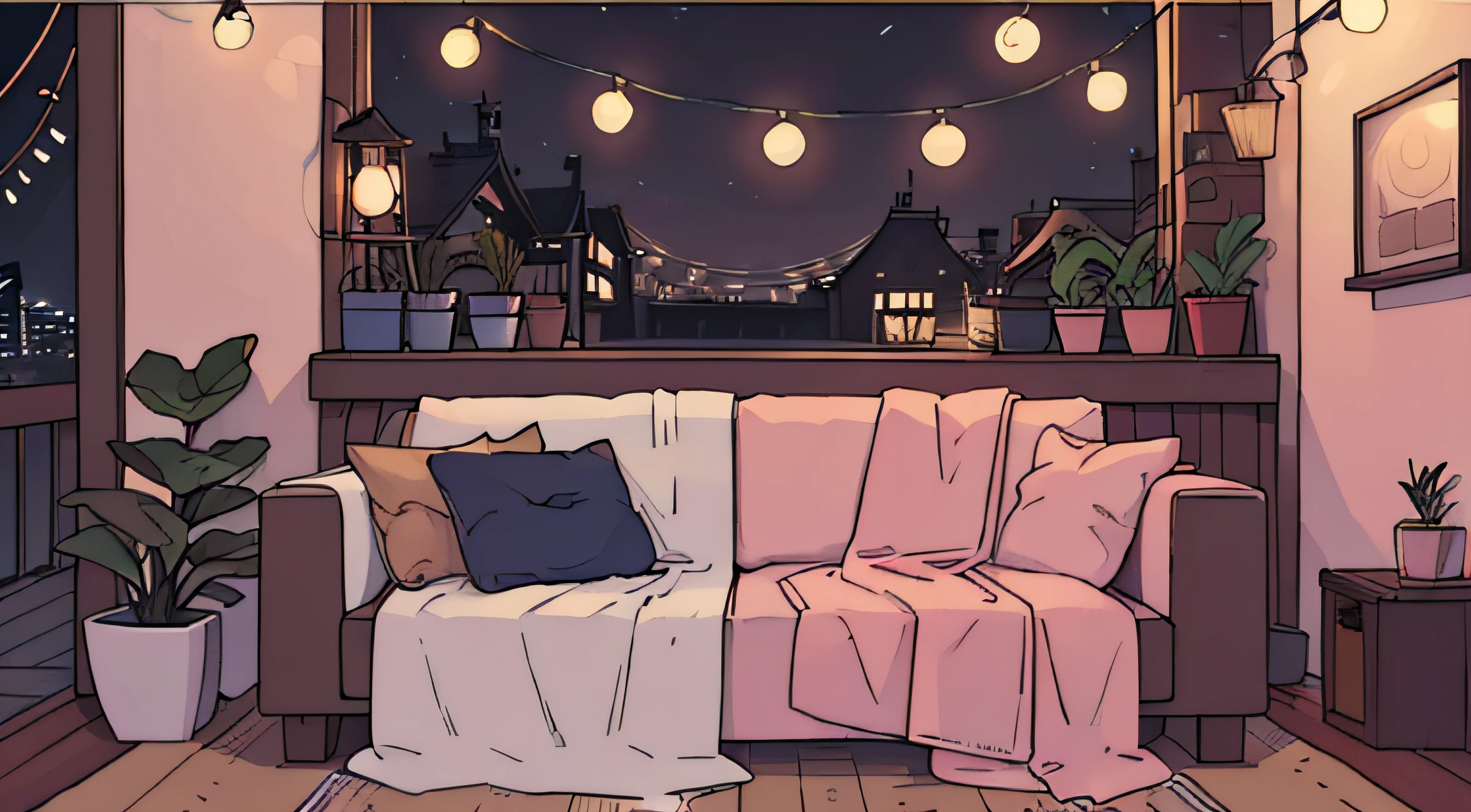 Rooftop at night、nighttime scene、outside of house、unmanned、Calm and meditative atmosphere、houseplant、Lo-fi atmosphere、String Light、Cozy sofa、Pink radio with retro design、Hot coffee on the coffee table、Warm blanket、Scattered books、There is an acoustic guitar、