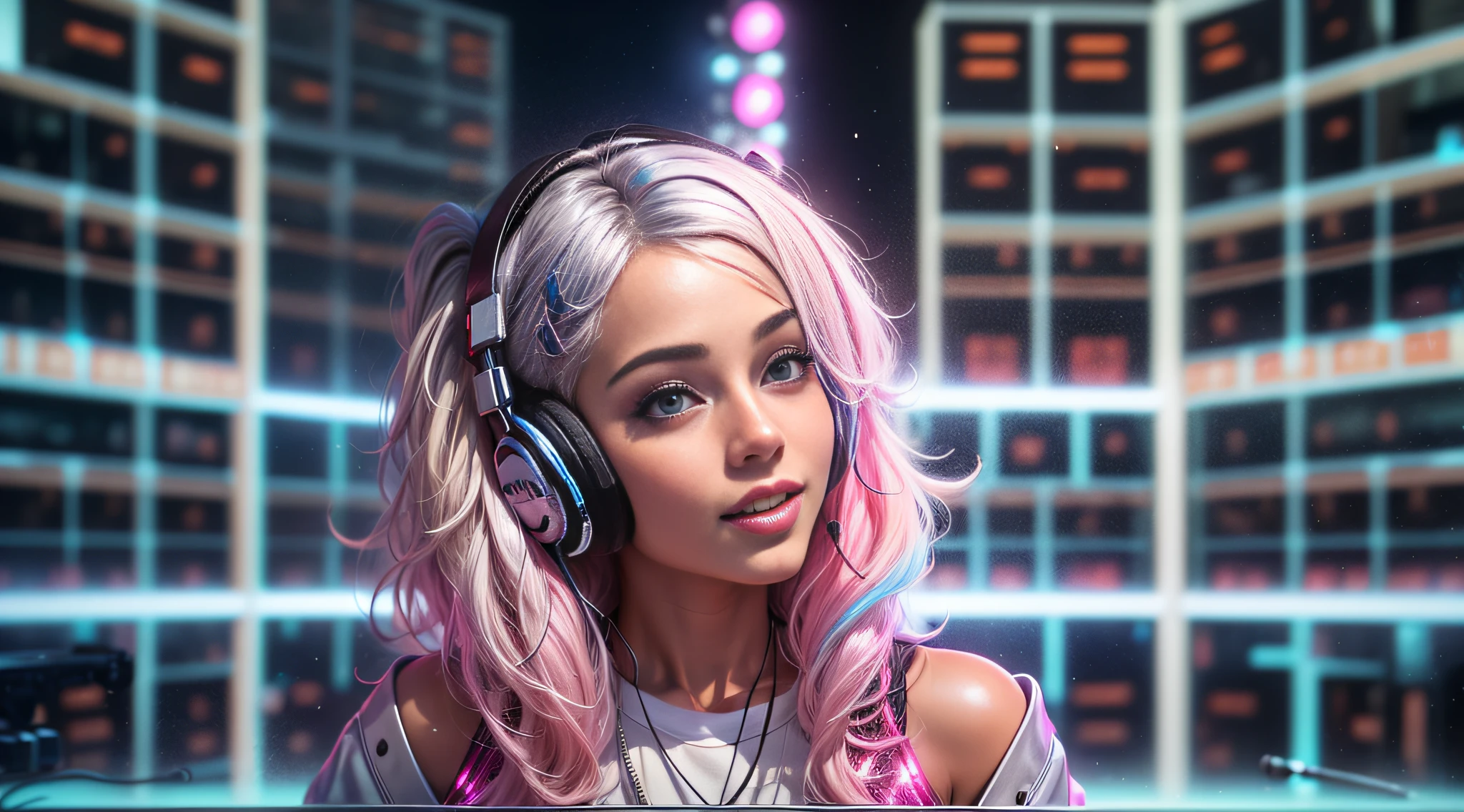 (ultra - detailed, 16K resolution, Cinema lenses，rendering by octane),A young chick woman，Has straight white and pink hair, Wearing silver DJ headphones, Shiny silver sequined T-shirt, (Iconic hip-hop pop costumes:1.3), Smile while DJing on stage.Stand in front of the DJ equipment，full body shot of, The spotlight shines on the female DJ. Photorealistic photography by Disco Lighting
Wait for it to boot up