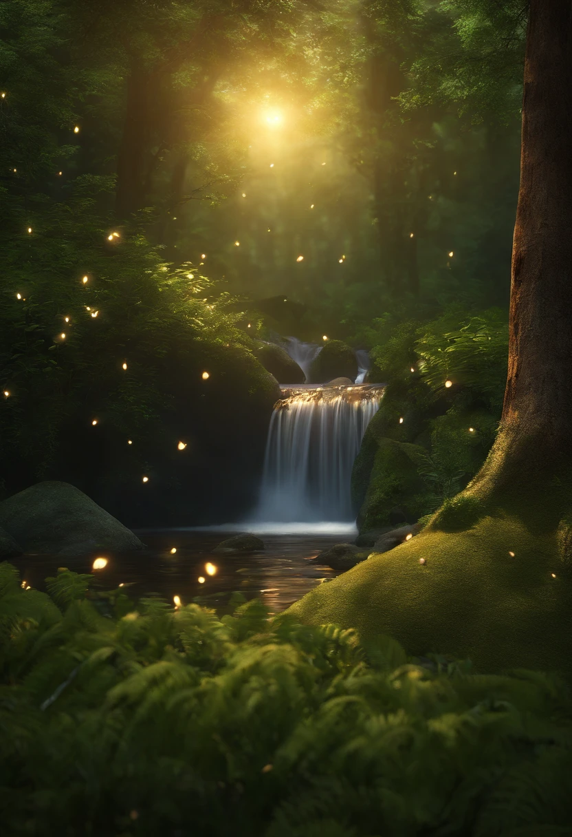master part, best quality, (muito detalhado CG unidade 8k wallpapers), (best quality), (better illustrations), (Melhores Sombras), tema floresta com elementos naturais. Tall trees, quiet streams, cogumelos pequenos brilhantes, cercado por folhas e galhos delicados, with fireflies and glowing particle effects,, (elementos naturais), (tema selva), (Folhas), (Ramos), ( Pirilampos), Borboletas, (folhas delicadas), (brilhar), (particle effects). , 3d isometric, octane rendering, ray tracing, super detalhado
