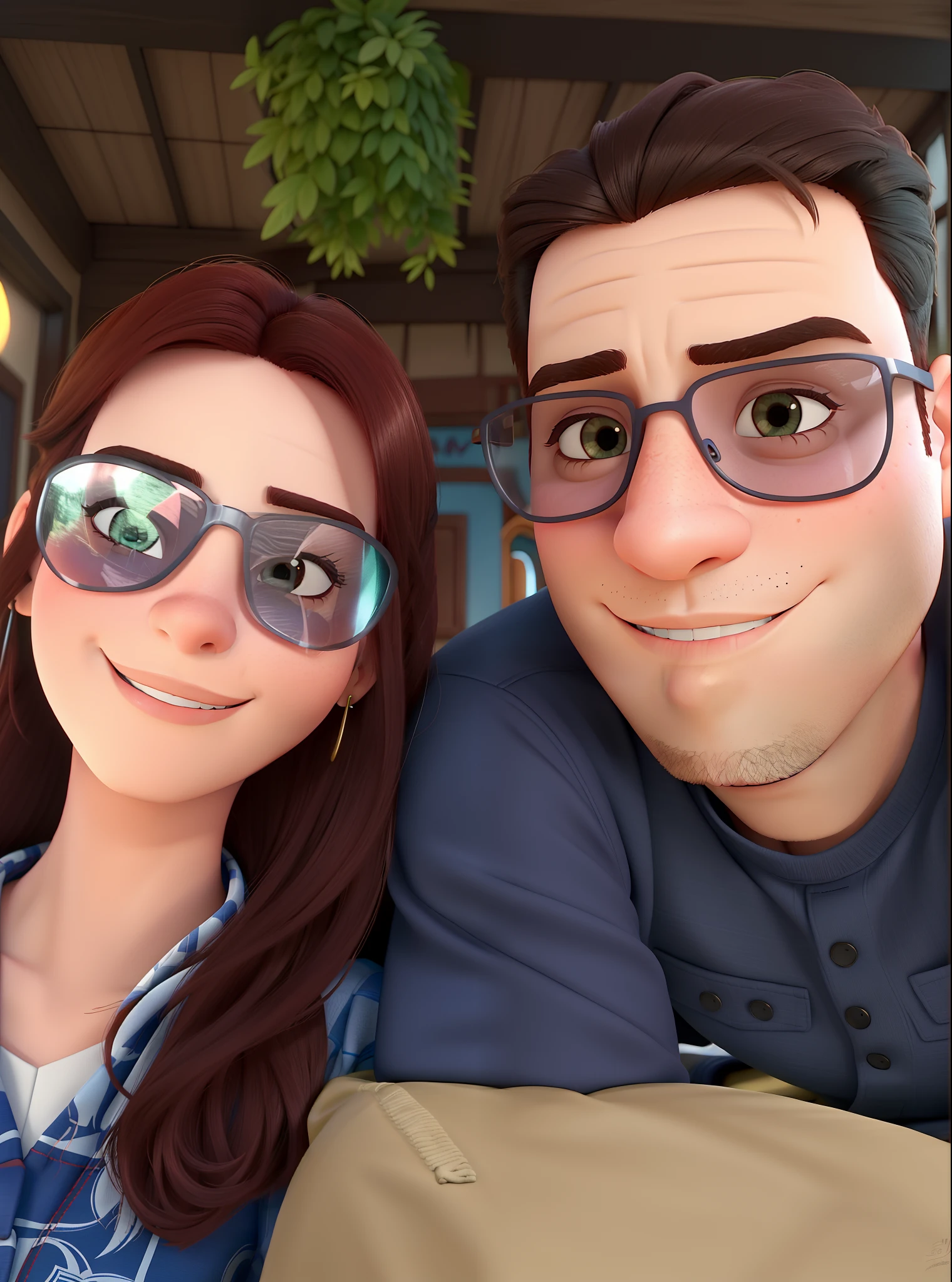 Casal (homem moreno e mulher branca) no estilo Disney Pixar, alta qualidade, melhor qualidade.