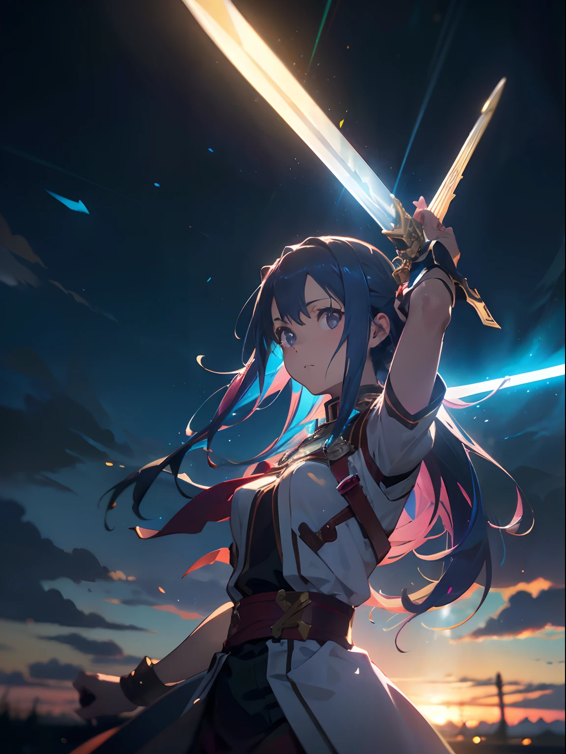 Asuna Yuuki, with two swords, white battle outfit, Sword Art Online Alicezation, red strokes that simulate the character's speed, battle mode, (ultra-realistic), {extremely detailed 8k CG unit wallpaper}, landscape photography expansive, (a centered view that prioritizes the entire character, (wide open field view), (low angle shot), (high light: 1.5), (low light: 1.0), (warm light source: 1.0), complex details, (iridescent colors: 1.5), (bright lighting), (atmospheric lighting), Sword Art Online, dreamy, anime