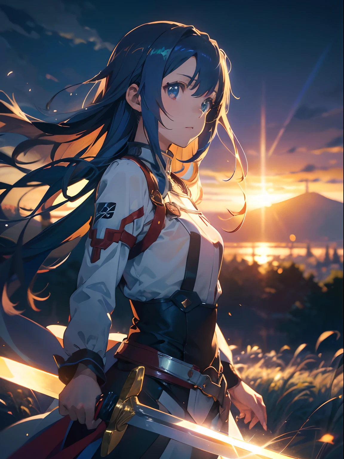 Asuna Yuuki, with two swords, white battle outfit, Sword Art Online Alicezation, red strokes that simulate the character's speed, battle mode, (ultra-realistic), {extremely detailed 8k CG unit wallpaper}, landscape photography expansive, (a centered view that prioritizes the entire character, (wide open field view), (low angle shot), (high light: 1.5), (low light: 1.0), (warm light source: 1.0), complex details, (iridescent colors: 1.5), (bright lighting), (atmospheric lighting), Sword Art Online, dreamy, anime