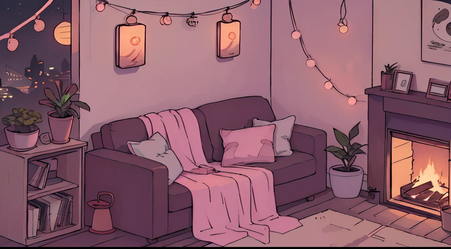 Rooftop at night、nighttime scene、outside of house、unmanned、Calm and meditative atmosphere、houseplant、Lo-fi atmosphere、String Light、Cozy sofa、Pink radio with retro design、Hot coffee on the coffee table、Warm blanket、Scattered books、acoustic guitar、record、Lots of cluttered records、