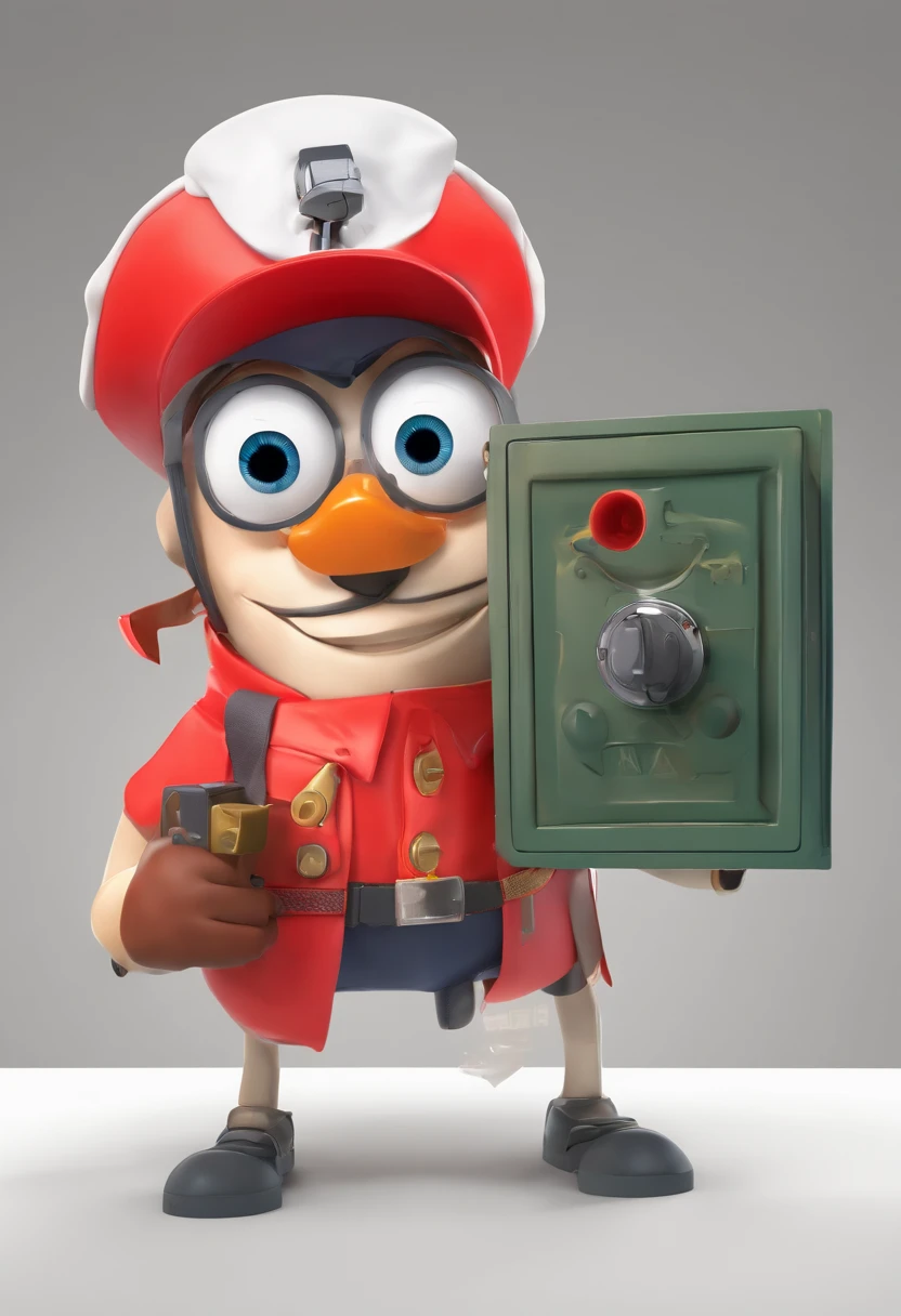 "Create an illustration of an anthropomorphic electrical outlet with an eye, dressed in a red outfit and military cap. Is holding an real firearm in a safe and playful manner. The illustration should be in Full HD, with a cinematic touch, and styled in the fashion of Disney Pixar Animations.