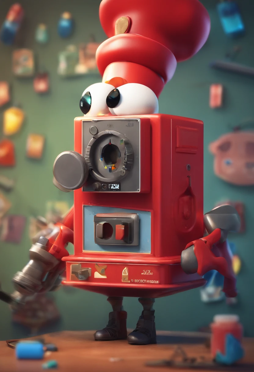 "Create an illustration of an anthropomorphic electrical outlet with an eye, dressed in a red outfit and military cap. Is holding an real firearm in a safe and playful manner. The illustration should be in Full HD, with a cinematic touch, and styled in the fashion of Disney Pixar Animations.