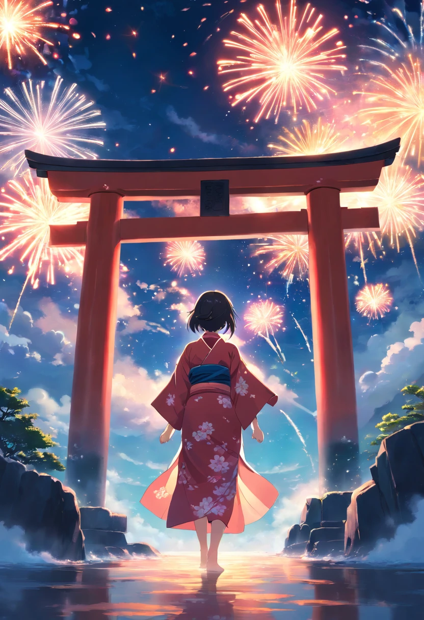 masterpiece, best quality, movie still, Footage of 3 main character wearing kimono passing through a mysterious torii gate a new world with ocean of cloud night sky and firework, shoot angle from ground