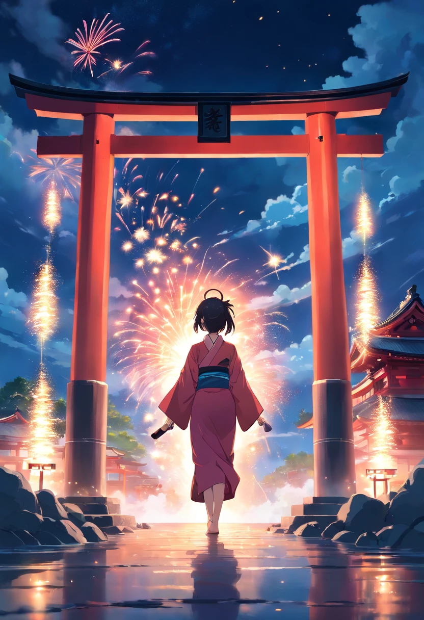 masterpiece, best quality, movie still, Footage of 3 main character wearing kimono passing through a mysterious torii gate a new world with ocean of cloud night sky and firework, shoot angle from ground