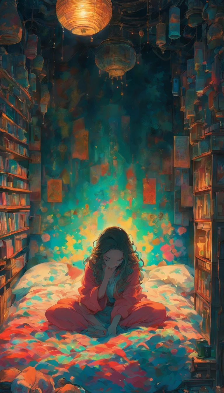 The woman is looking down. Woman cannot see her face. A woman holding her knees on a bed. A sick woman is cowering in a dark, closed-off room. The room is cluttered, with cell phones and hand mirrors on the floor. Fantastic. High quality in every detail.
