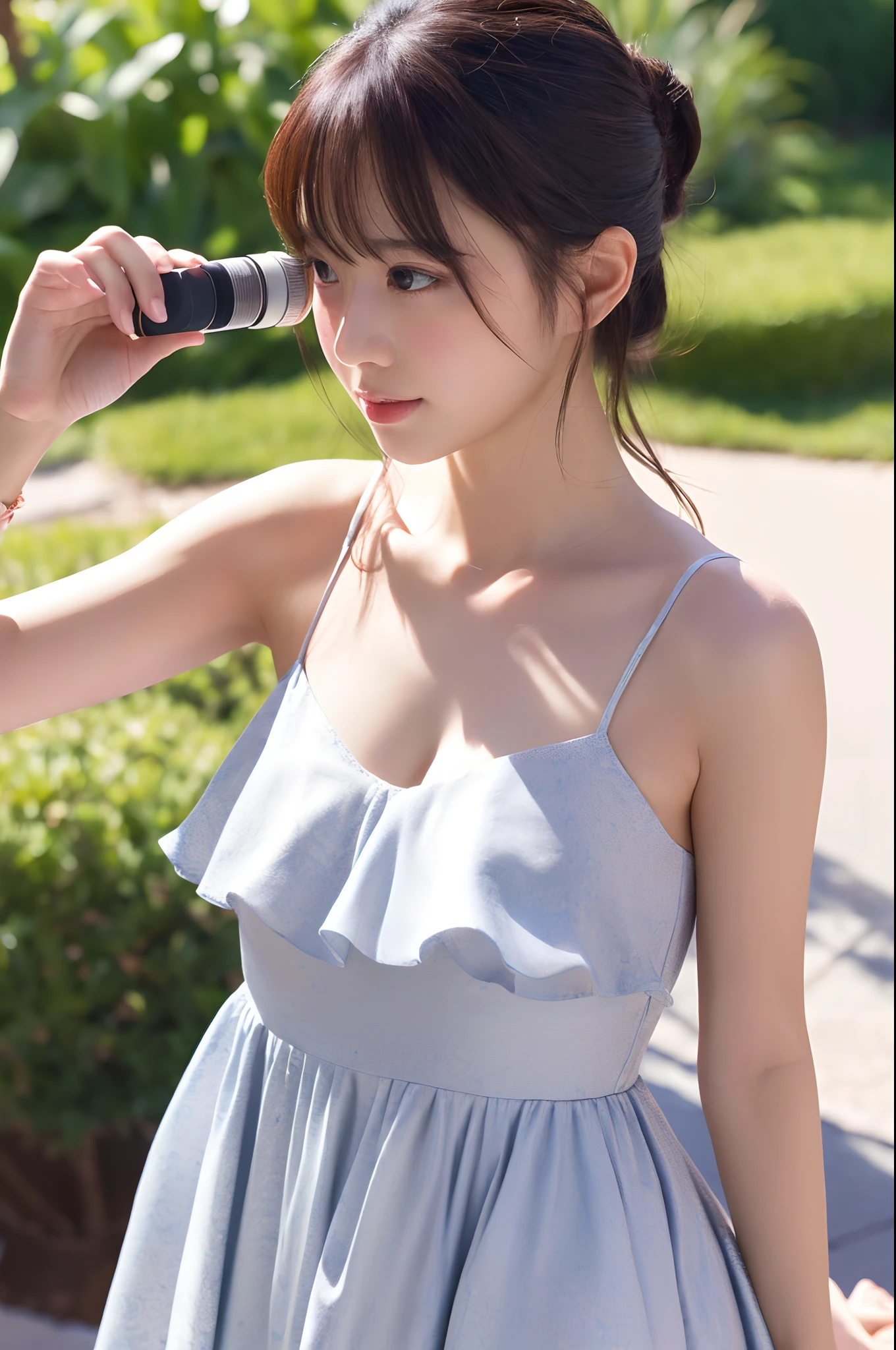 (masutepiece, Best Quality, Illustration, Ultra-detailed, finely detail), hight resolution, 8K Wallpapers, An innocent popular idol is wearing a cute dress and is filming、realistic skin textures、shinny skin、turned around、Exposed thighs!!!