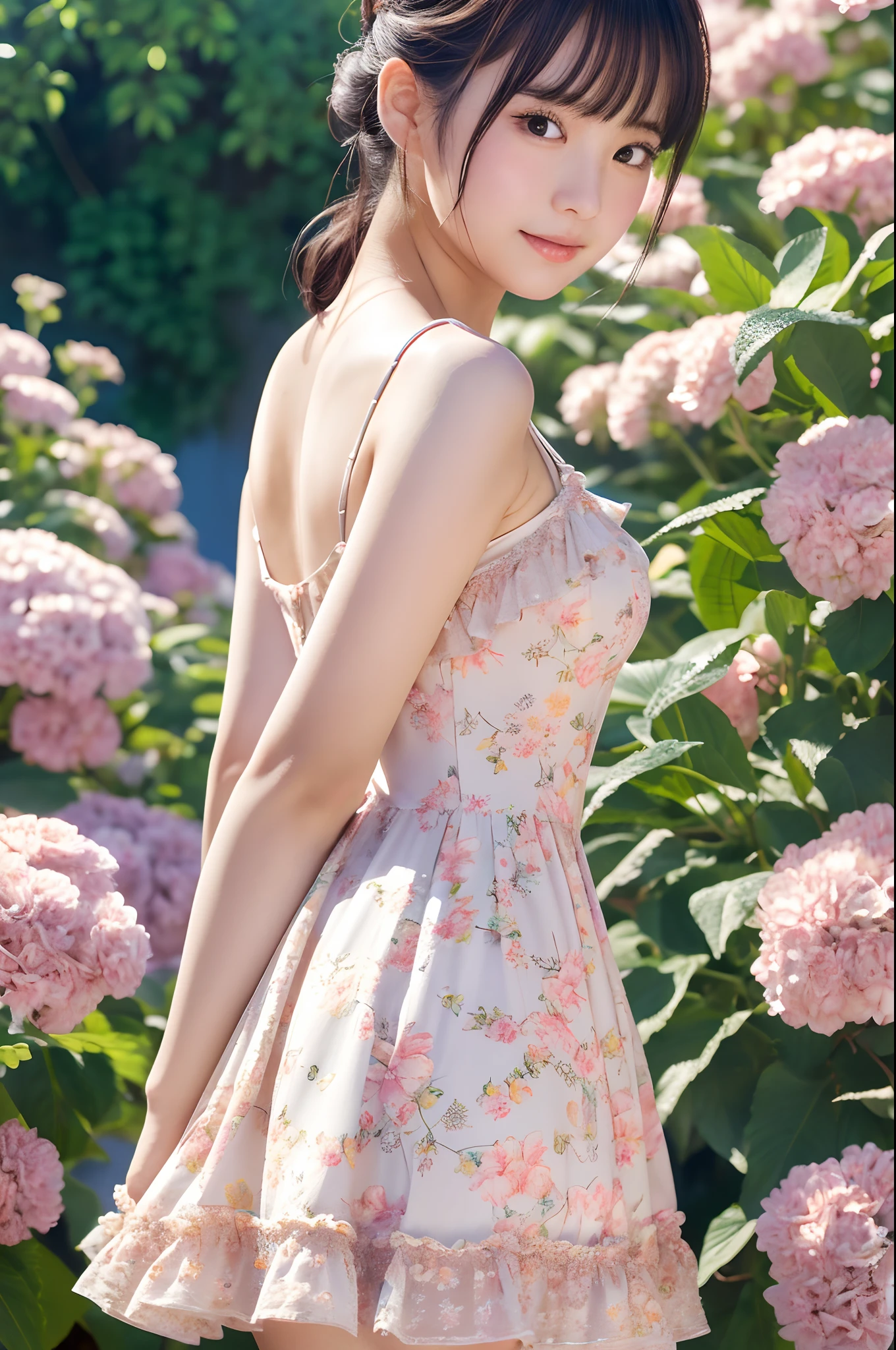(masutepiece, Best Quality, Illustration, Ultra-detailed, finely detail), hight resolution, 8K Wallpapers, An innocent popular idol is wearing a cute dress and taking a picture、realistic skin textures、shinny skin、turned around、Exposed thighs!!!