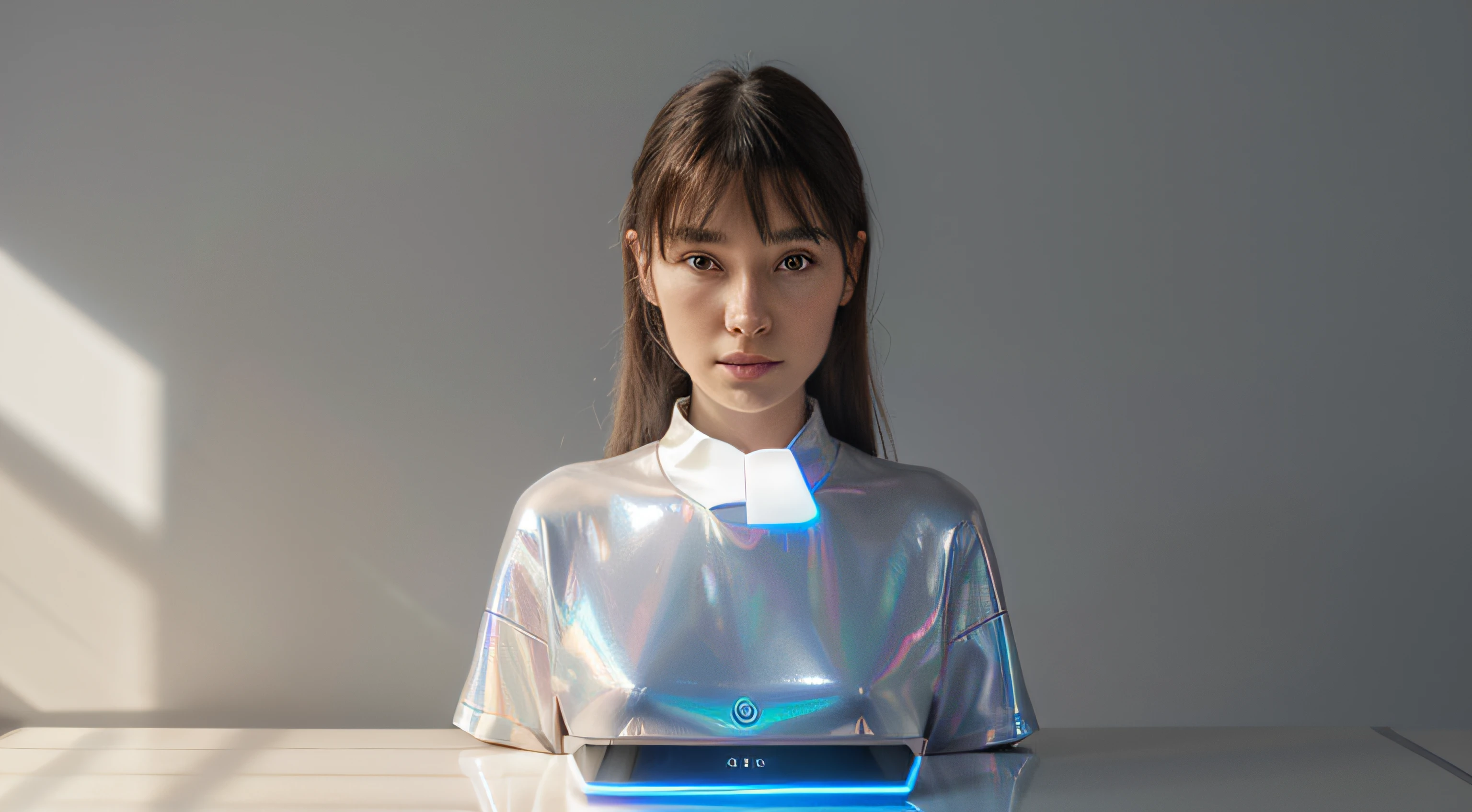 neutral background, sleek and minimalist, Holographic personal assistant and a central control hub