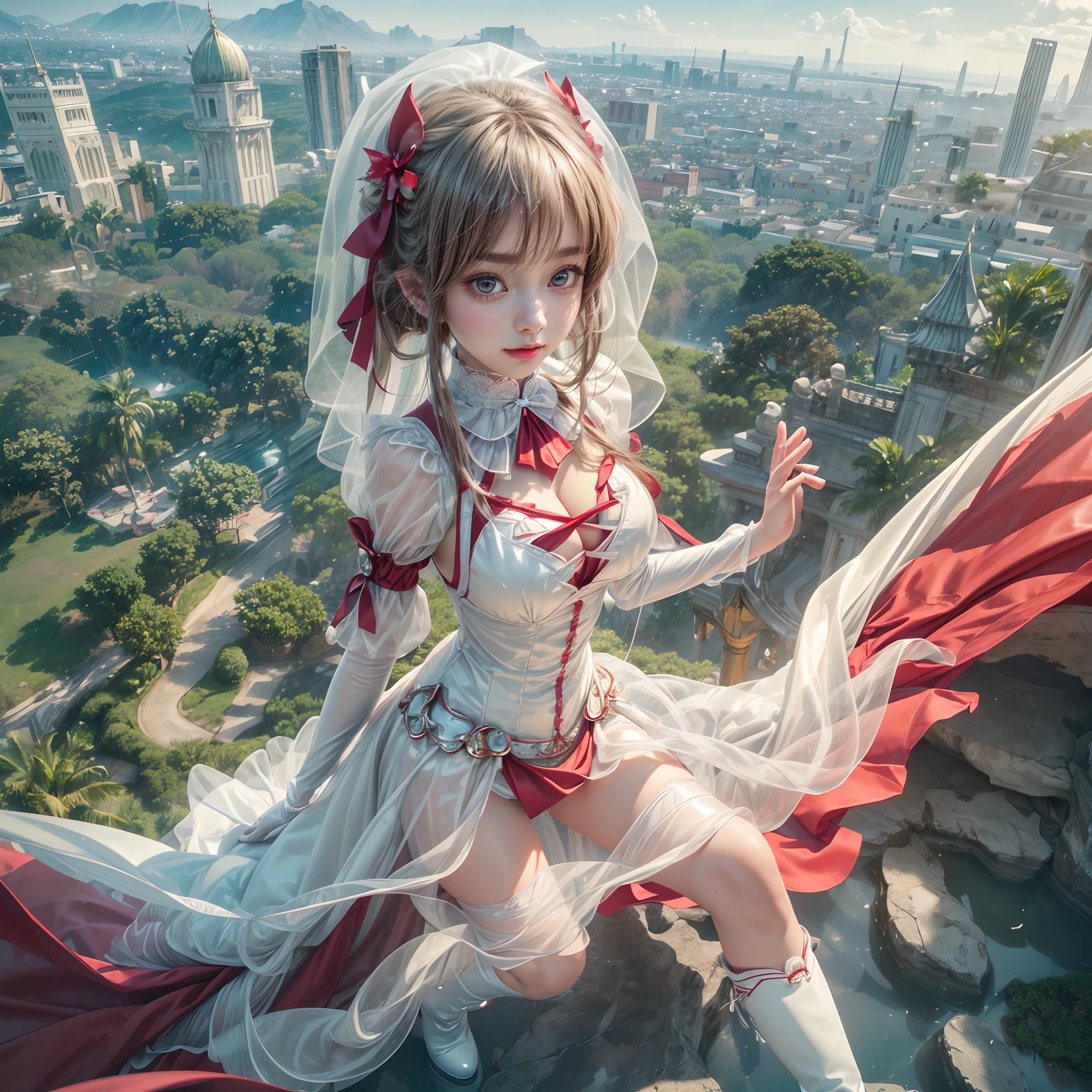 (SFW, NSFW_STILL_SHOW), Oppai-Loli、((wide-angle, Flying Magic、Floating hair、Floating in the air, Curved horizon, Overlooking a city eroded by the jungle,Above the city)), { (Mystic sight)| best quality | 8k | clear |focused } (Masterpiece:1.2, photo-realistic:1.37)、{ Soft Lighting with many Follow lights | smooth shading }、(Detailed KAWAII Face)、{(Childish)|(Gigantic Cleavage)}、(Detailed glistening ivory skin)、extremely detailed, { Transparent Veil | Red Leather High Collar | Red Long Boots | rubber sole | Random hair color },