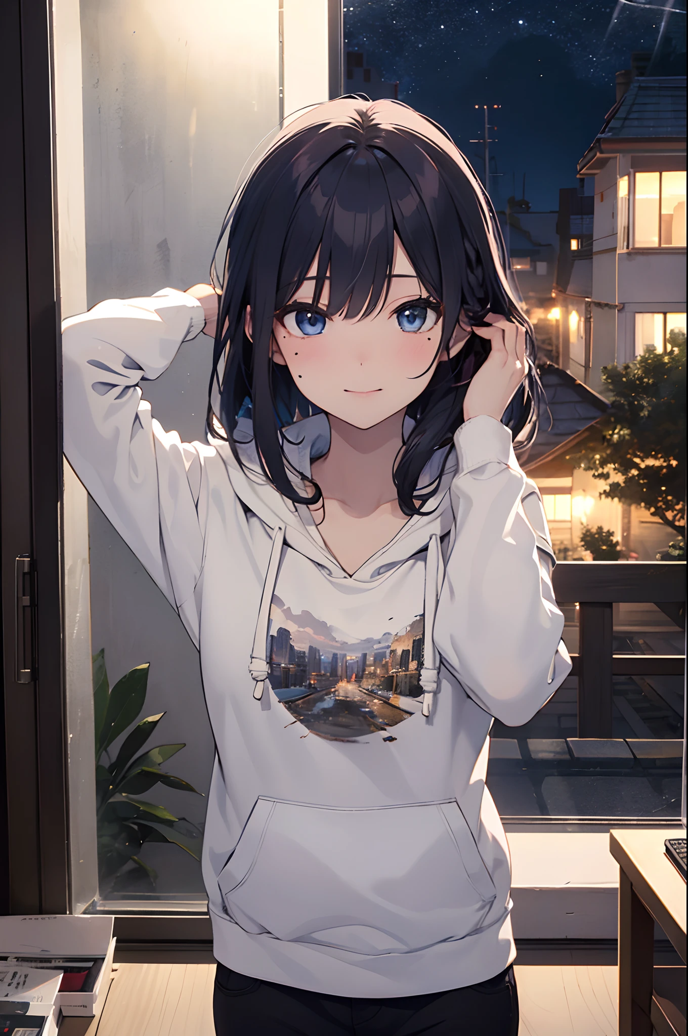 (Girl with a nasty appearance:1.3)、(Night:1.5)、(and chest:1.4)、Raw photography, top-quality, hight resolution, (masterpiece), (Photorealsitic:1.4), (Mole under the eyes),Anime Cosplay, foco nítido, nffsw, 8K分辨率, intricate detailes, depth of fields, the Extremely Detailed CG Unity 8K Wallpapers, front lit, femele,25-years old、 Happy face,Smiling、(tying hair:1.5)、(Medium Showtrain Bo Hair)、(Big hoodie)、blue eyess,(Home:1.5)、(Night city from the window:1.3)、(Full body depiction)、(Working on a PC:1.2)、shining world、Wall clock、personal computers、a desk、(Perspective from behind:1.3),backs
