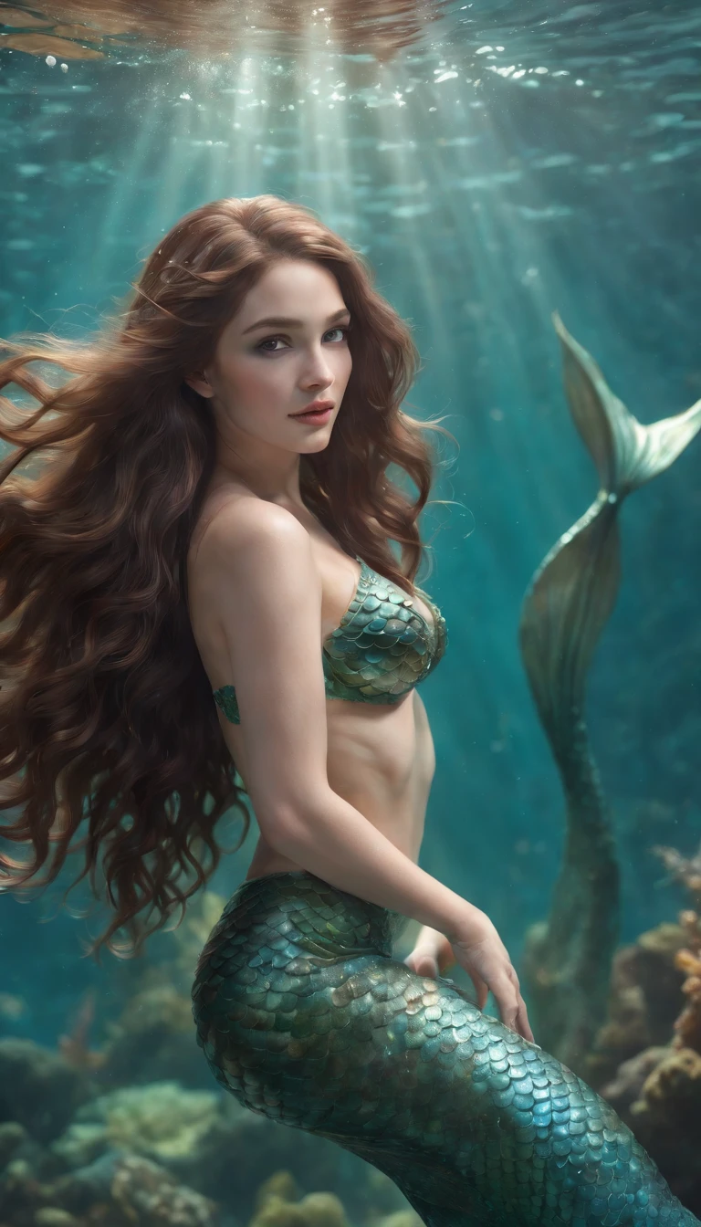 (professional 3d render:1.3) ((Mermaid swims all over)) (Realistic:1.3) most beautiful artwork photo in the world,(((Brown hair))), (( Brown eyes)), brunette, Caucasians, ((long mermaid tail)), (((Detailed mermaid fins))), full bodyesbian, sport, Features: Soft and shiny, ((Epic mermaid fantasy long hair in dynamic pose,Full tail, Fantastic location, Majestic cluttered environment)), full body 8k unity render, action shot, skin pore, heavyshading, Detailed, Detailed face, (vibrant, photograph realistic, Realistic, Dramatic, Dark, Sharp focus, 8K), (fish scales:1.4), ((((Mermaid tail)))), (Intricate:1.4), decadent, (Highly detailed:1.4), Digital painting, rendering by octane, art stations, concept-art, smooth, Sharp focus, illustration, Art germ, (loish:0.23), (Global illumination, Studio light, volumettic light), Underwater, Ocean, lotr, fantasy, mermaid, ((Sea backgroun:1.3)),CGSesociety,art stations,armpit