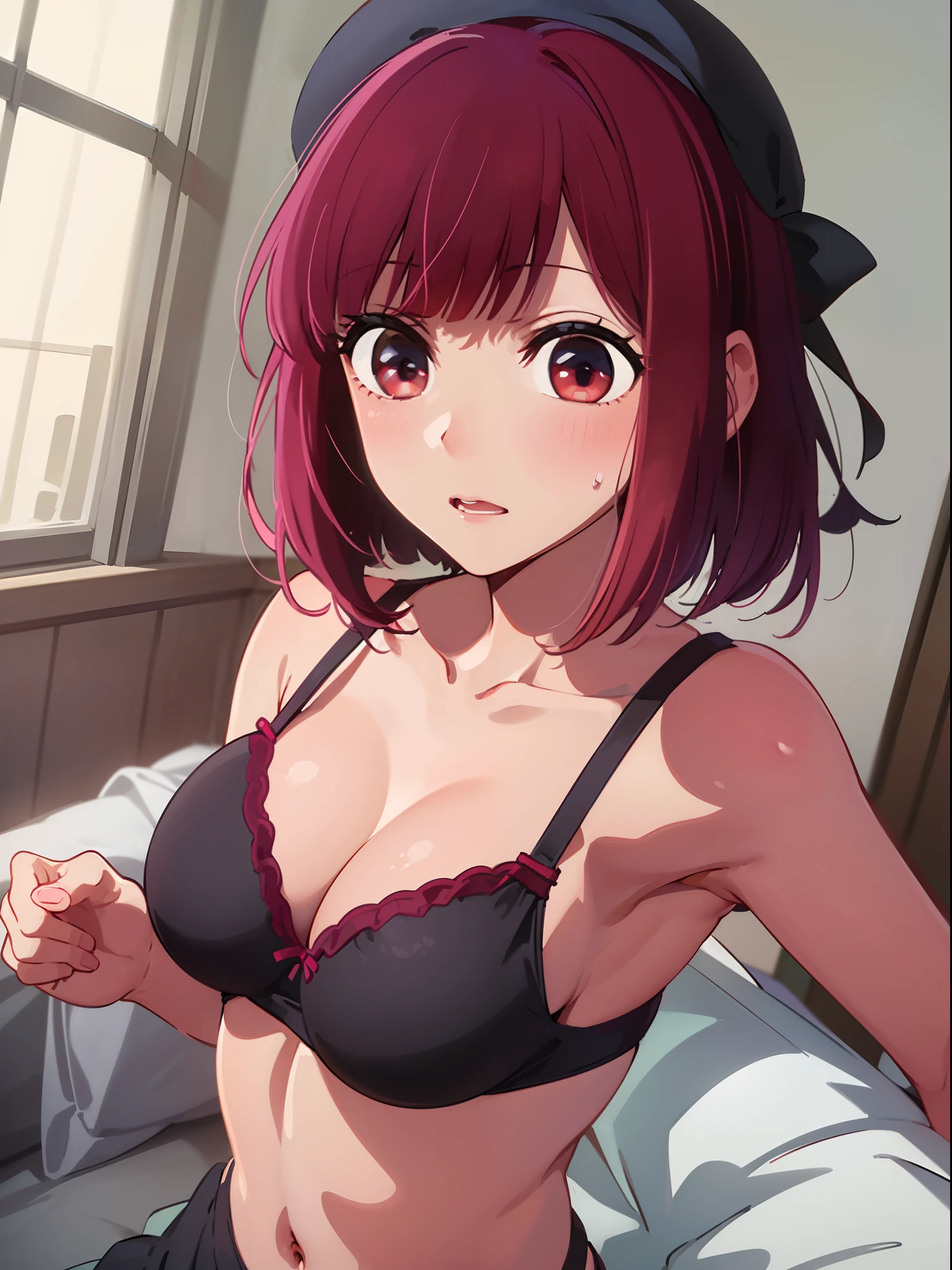 masterpiece、ighly detailed、(1 girl in:1.2)、Red hair、big eye、(a closeup)、embarassed face、8K、short-hair、(((anime styled)))、Red Eyes、(((undergarment)))、(((bra very)))、(((Underpants)))、a bed、Colossal tits