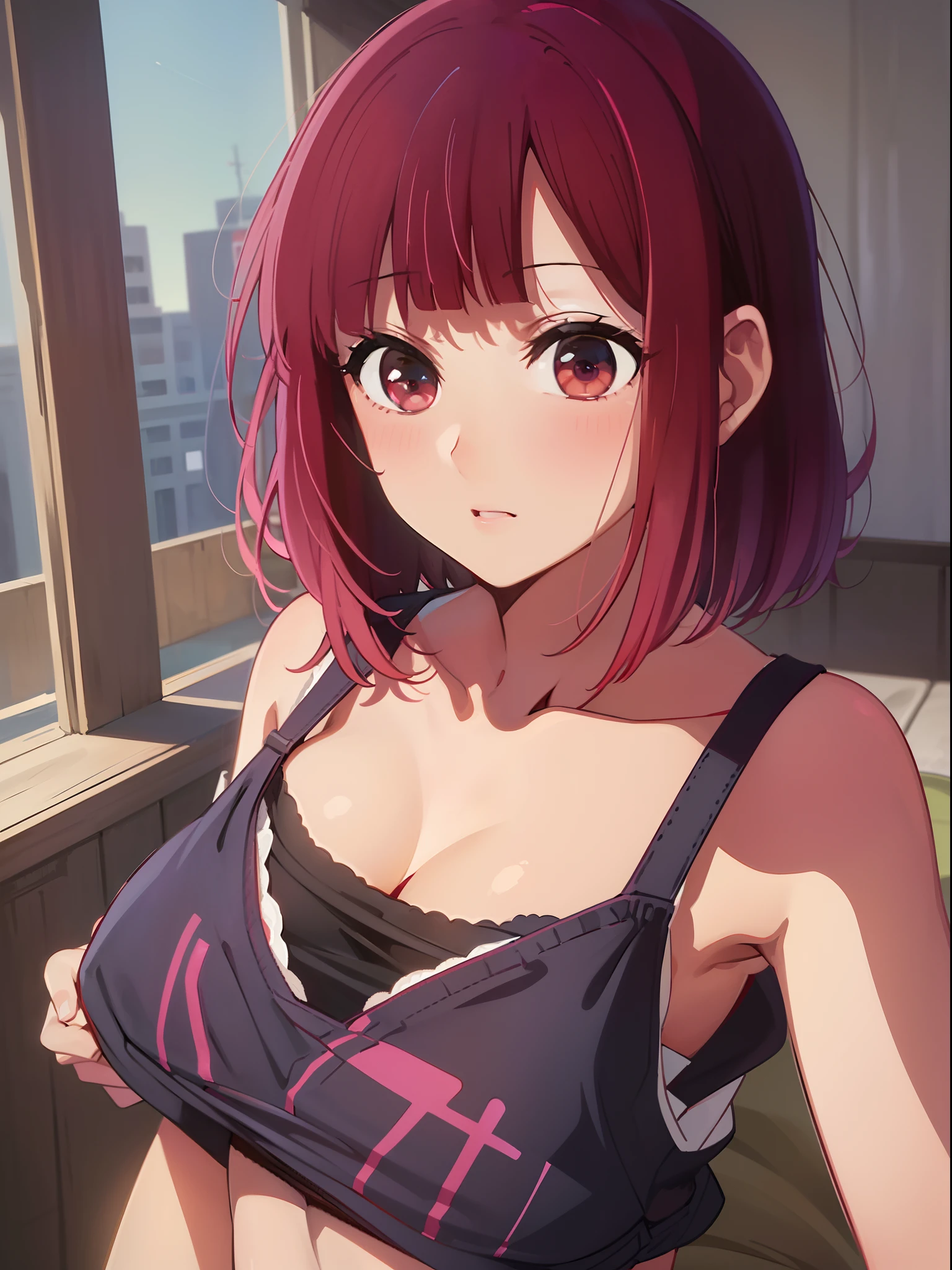 ​masterpiece、ighly detailed、(1 girl in:1.2)、Red hair、big eye、(a closeup)、embarassed face、8K、short-hair、(((anime styled)))、Red Eyes、(((undergarment)))、(((bra very)))、(((Underpants)))、a bed、Colossal tits