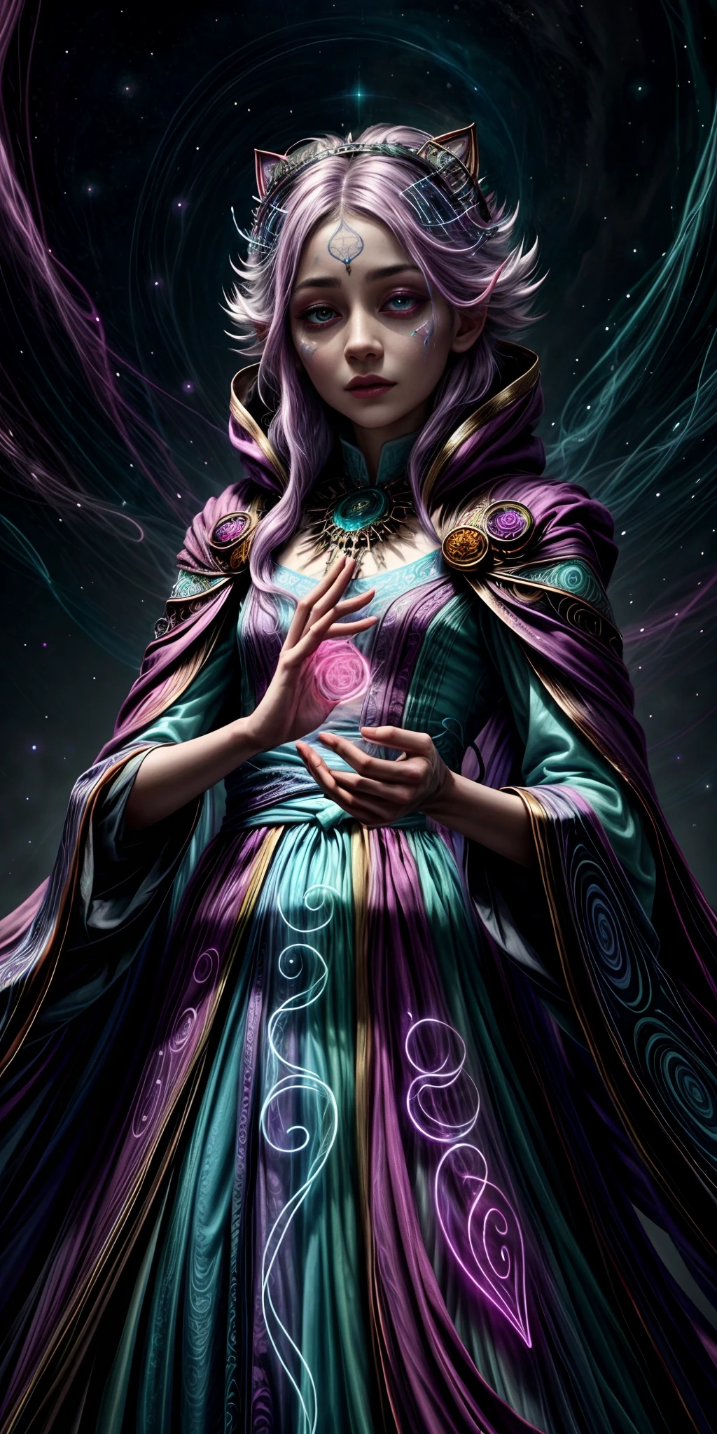In the hovering celestial portrait, a mesmerizing mauve-tinted phantasmagoric mage captures our attention. This image, reminiscent of a meticulously painted mystical landscape, portrays a mage with ethereal features, radiating an otherworldly aura. The aerial photograph showcases the mage suspended mid-air, surrounded by swirling lights and enchanted mist. The impeccable sharpness and vivid hues of the image flawlessly depict the mage's intricate robes adorned with intricate symbols, while every subtle detail of their intricate face is visible, from the glowing eyes to the intricate facial tattoos. The mage's enigmatic expression captivates viewers, inviting them to ponder the secrets they hold within.