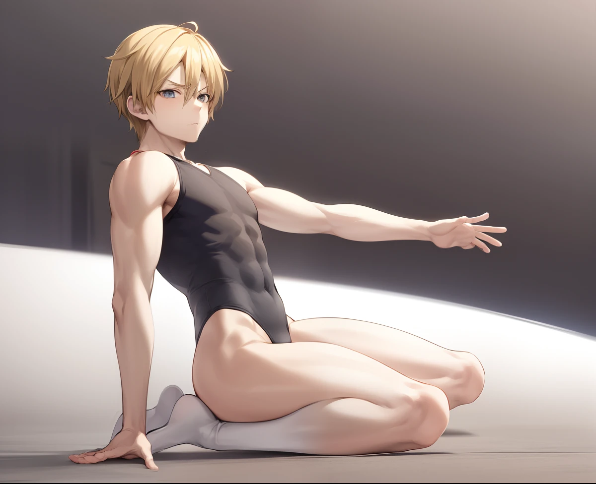 Anime boy in black leotard sitting on floor, Anime boy in white tights sitting on the floor, Anime boy with blonde tied hair sitting on the floor, Strongest Pose, elegant floating pose, wearing leotard, dramatic floating pose, anime pose, Beautiful Boys, Muscular men, relaxed poses, Cool pose, Leotard, Thin shoulder straps, strong pose, doing an elegant pose, pretty face with arms and legs, fully body pose, neutral pose, Poses variadas