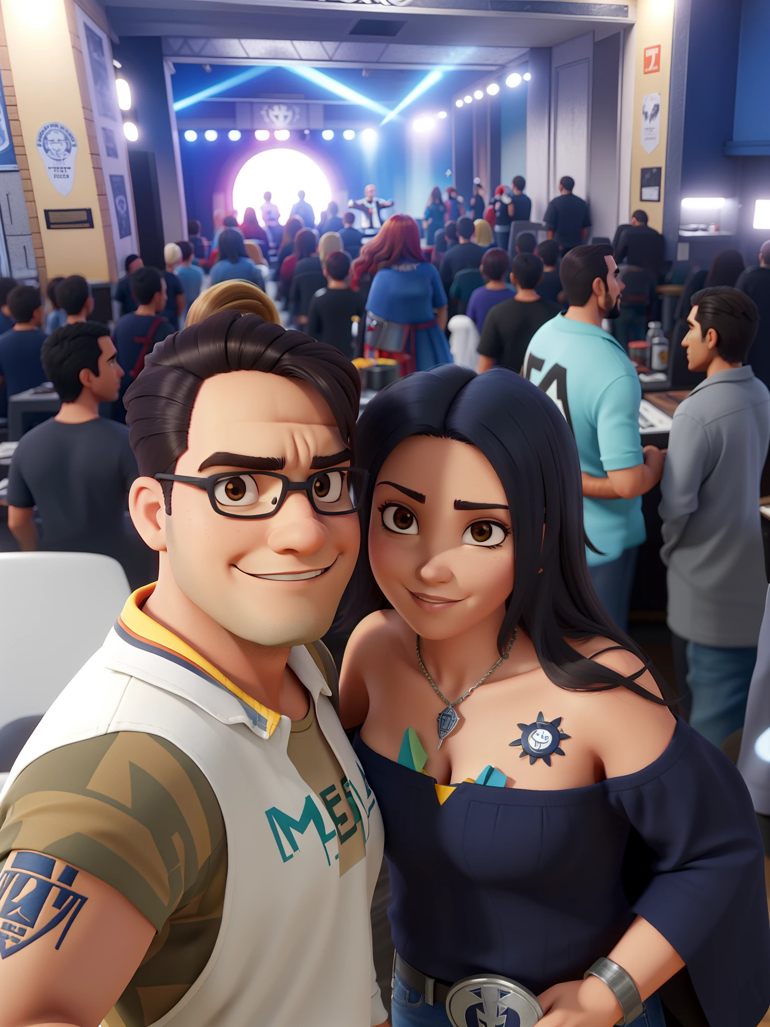 um bonito casal latino americano apaixnonado por heavy metal, a mulher tem cabelos vermelhos e o homem tem barba curta e usa camisa do iron maiden