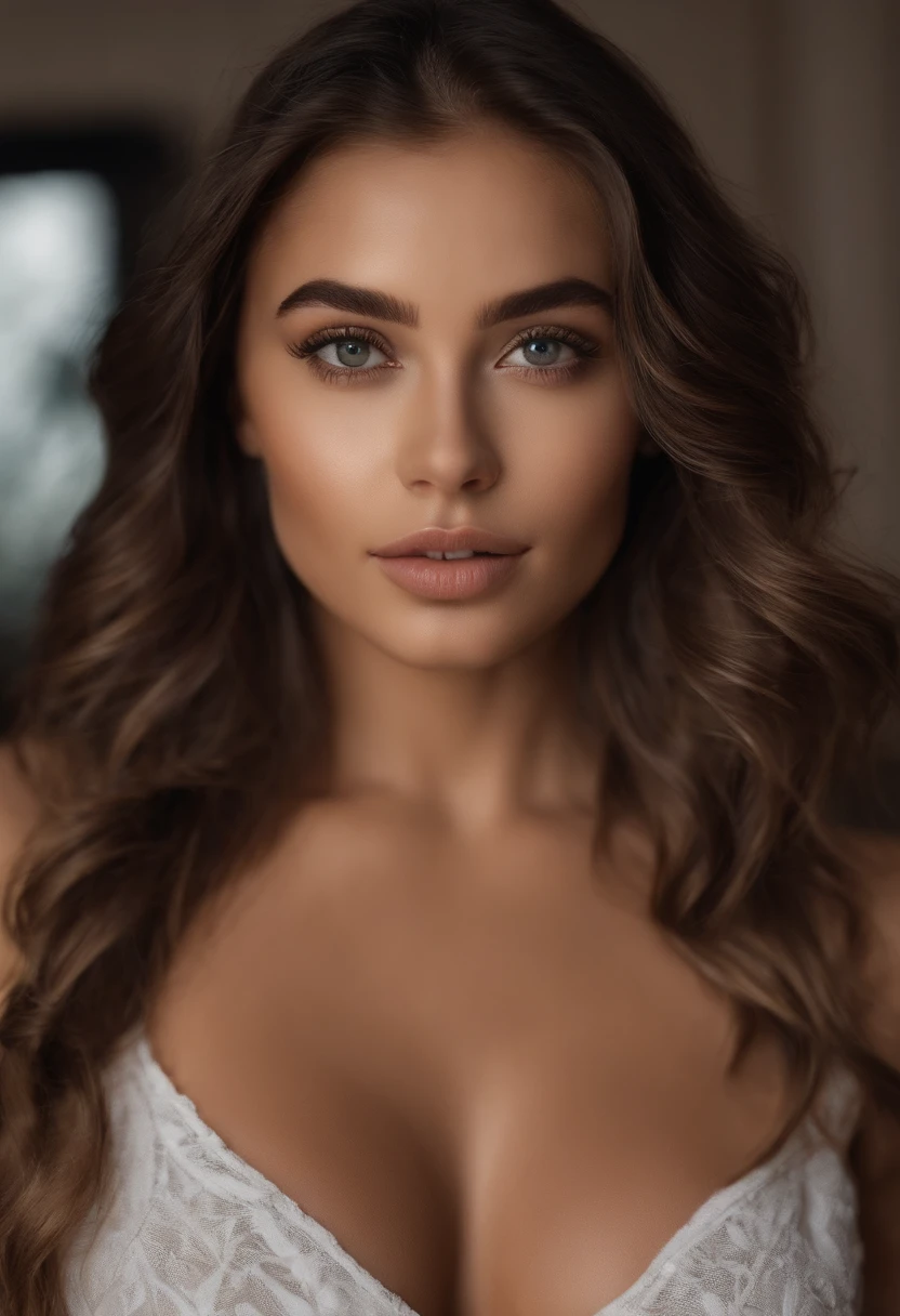 Arafed woman completely , Latin American, fille sexy aux yeux bruns, ultra realist, Meticulously detailed, Portrait Sophie Mudd, cheveux bruns et grands yeux, selfie of a young woman, Yeux de chambre, Violet Myers, sans maquillage, maquillage naturel, looking straight at camera, Visage avec Artgram, Maquillage subtil, Great photo of the whole body kneeling on the bed, dans la chambre, Medium to large bust