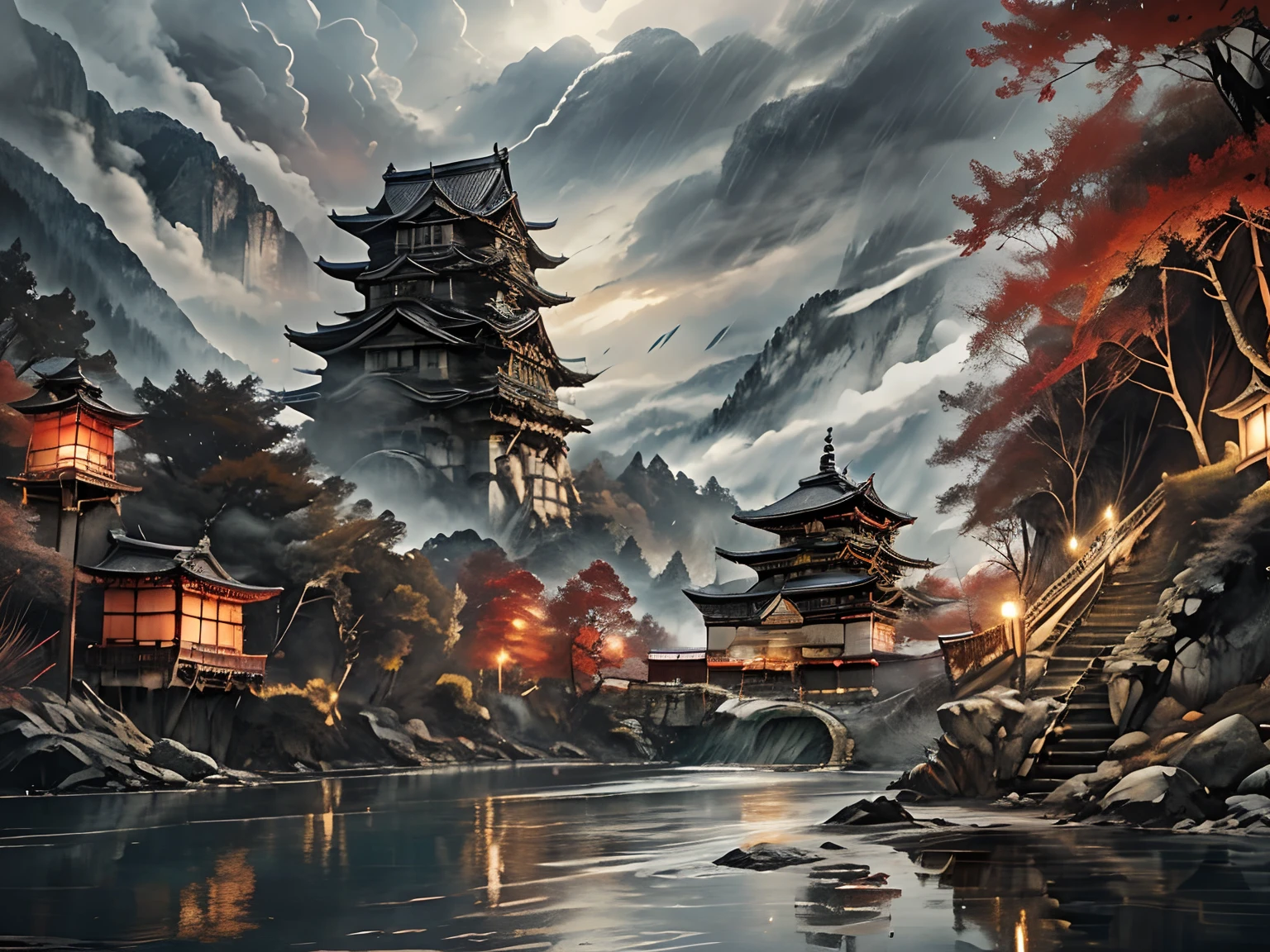 ountain river in dark gloomy forest, rain, ( large inn: wooden, crowded), stairs in mountains, (background: majestic castle seen from below, ancient japan castle,enchanting,majestic, temple-like structure),(clouds),(river), heroic tale to be told,ancient lore,epic journey, (lot of griffin banners: huge, gold lion with wing on red silk)