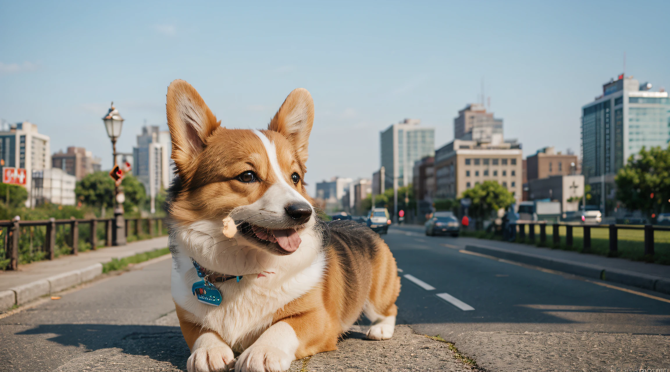 A cute corgi city background photorealistic