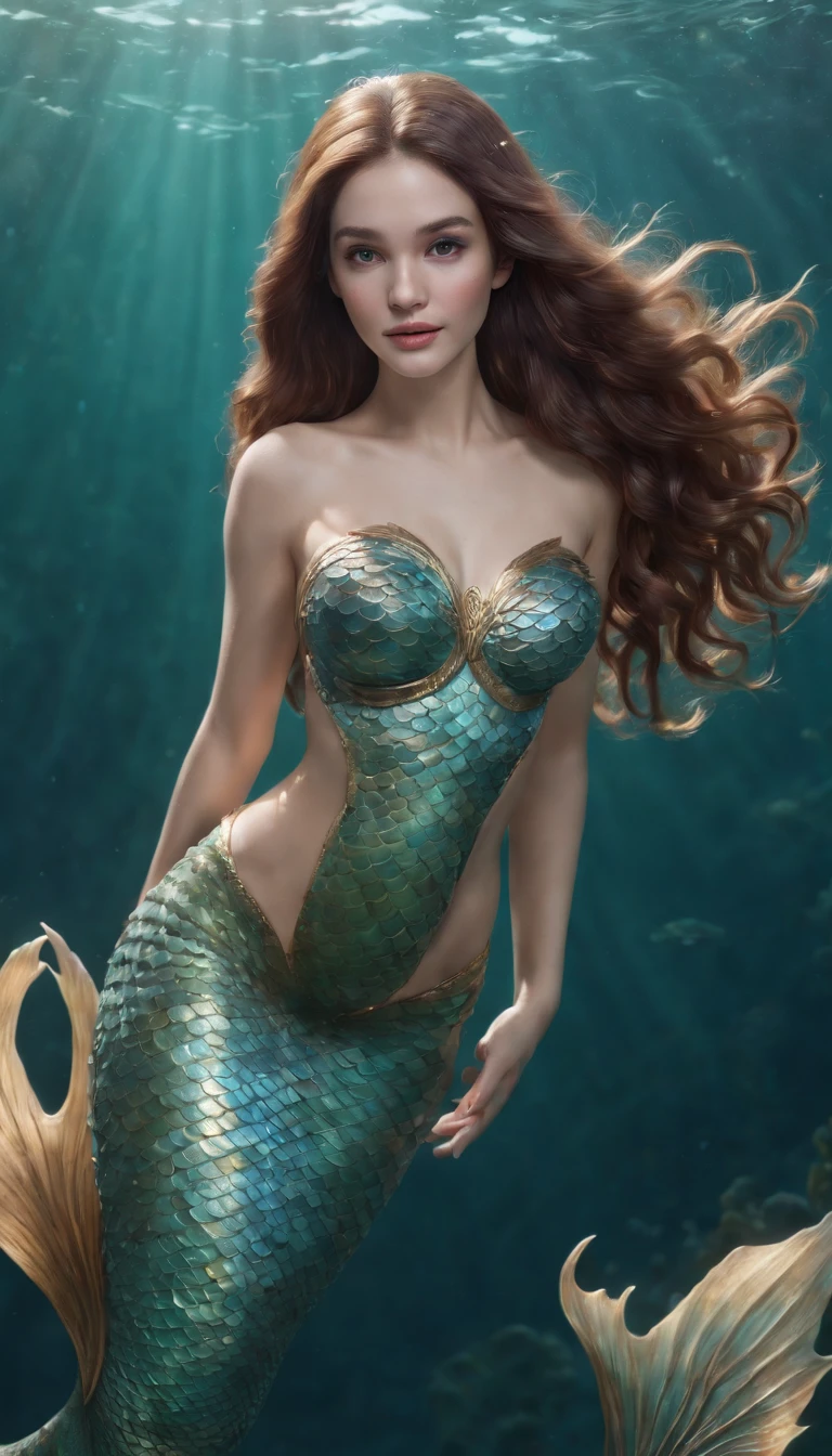 Create an ultra-realistic image of an enchanting mermaid who embodies a seductive feminine presence. She should have long, flowing hair and eyes that sparkle. Her iridescent, pearlescent tail should be elegantly displayed as she gracefully swims underwater in a clear sea with minimal marine life. Focus on showcasing her striking body and features, emphasizing her curves and feminine allure. Ensure the background is minimalist to keep attention on her captivating face and figure, capturing her hypnotic charm and sophisticated beauty. Very sexy, long hair, large breasts, body facing forward.