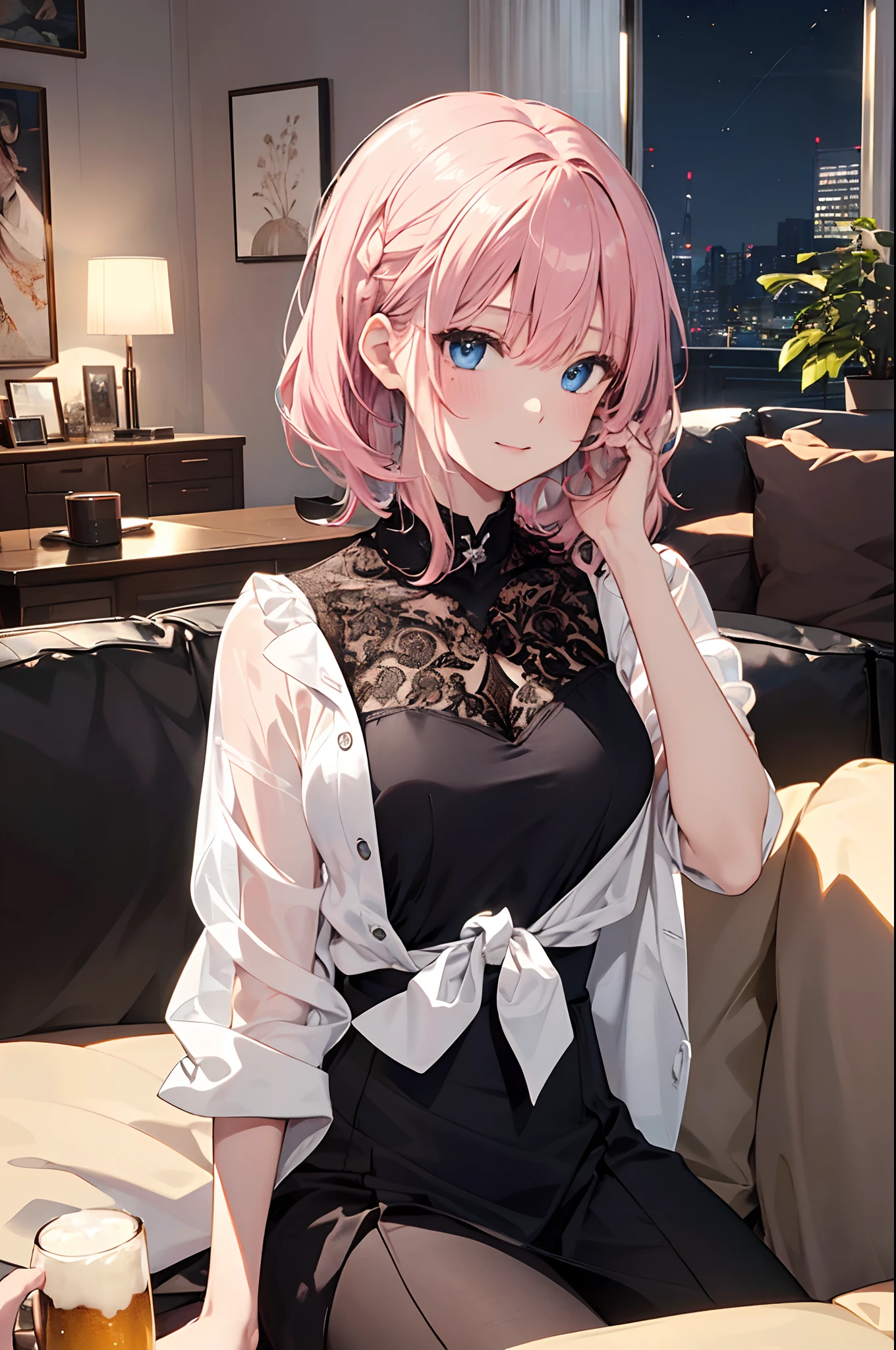 (Girl with a nasty appearance:1.3)、(Night:1.5)、(and chest:1.4)、Raw photography, top-quality, hight resolution, (masterpiece), (Photorealsitic:1.4), (Mole under the eyes),Anime Cosplay, foco nítido, nffsw, 8K分辨率, intricate detailes, depth of fields, the Extremely Detailed CG Unity 8K Wallpapers, front lit, femele,25-years old、 Happy face,(tying hair:1.5)、see -through、(Medium short pink hair)、blue eyess,(Living room of the house:1.5)、(Sitting on the sofa:1.3)、(Full body depiction)、drinking beer
