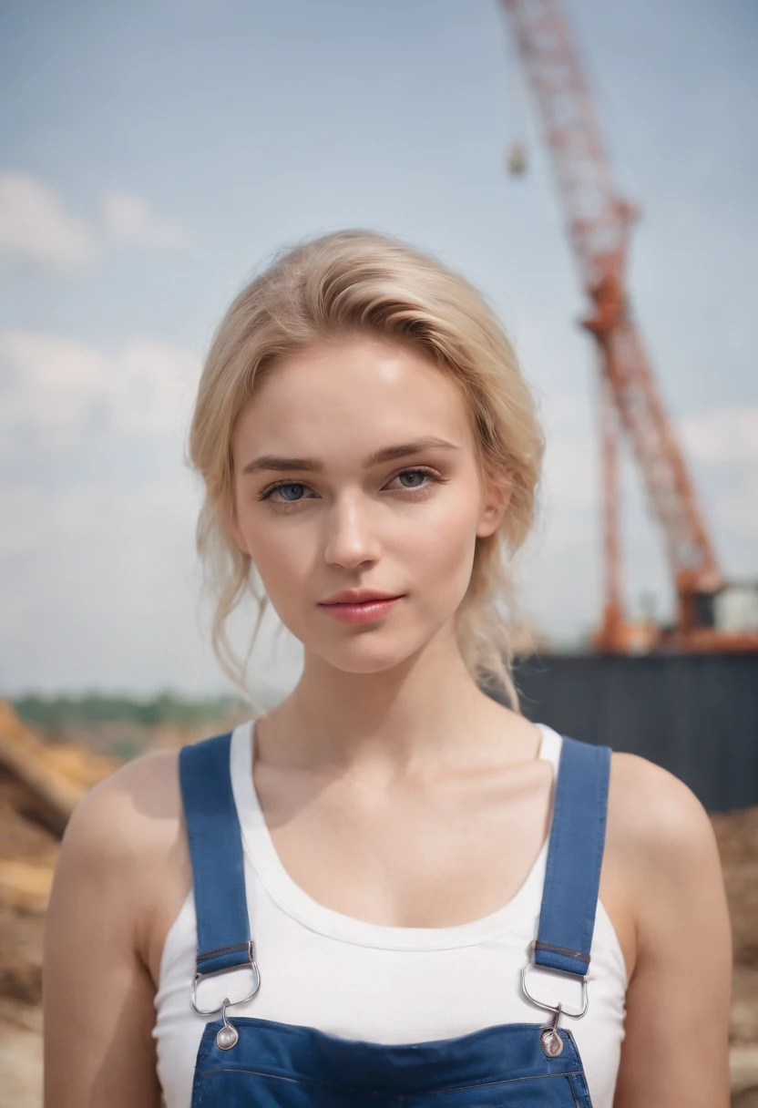 a beautiful young 20-year-old blond woman with pinned-up blond hair, He wears a white T-shirt and blue dungarees, Wearing a construction helmet and a tool belt, Hintergrund eine Baustelle