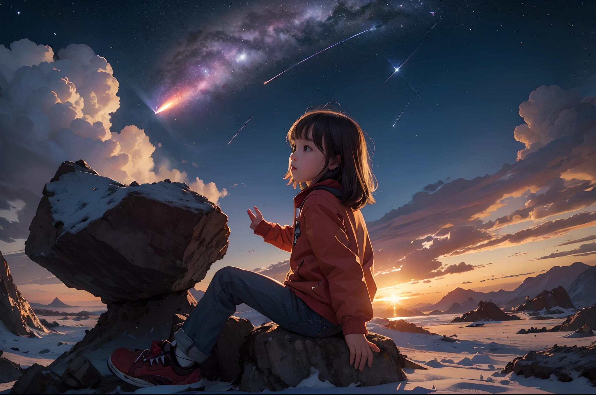 A watching a ((big meteor on the sky)) with wonder, highly detailed.