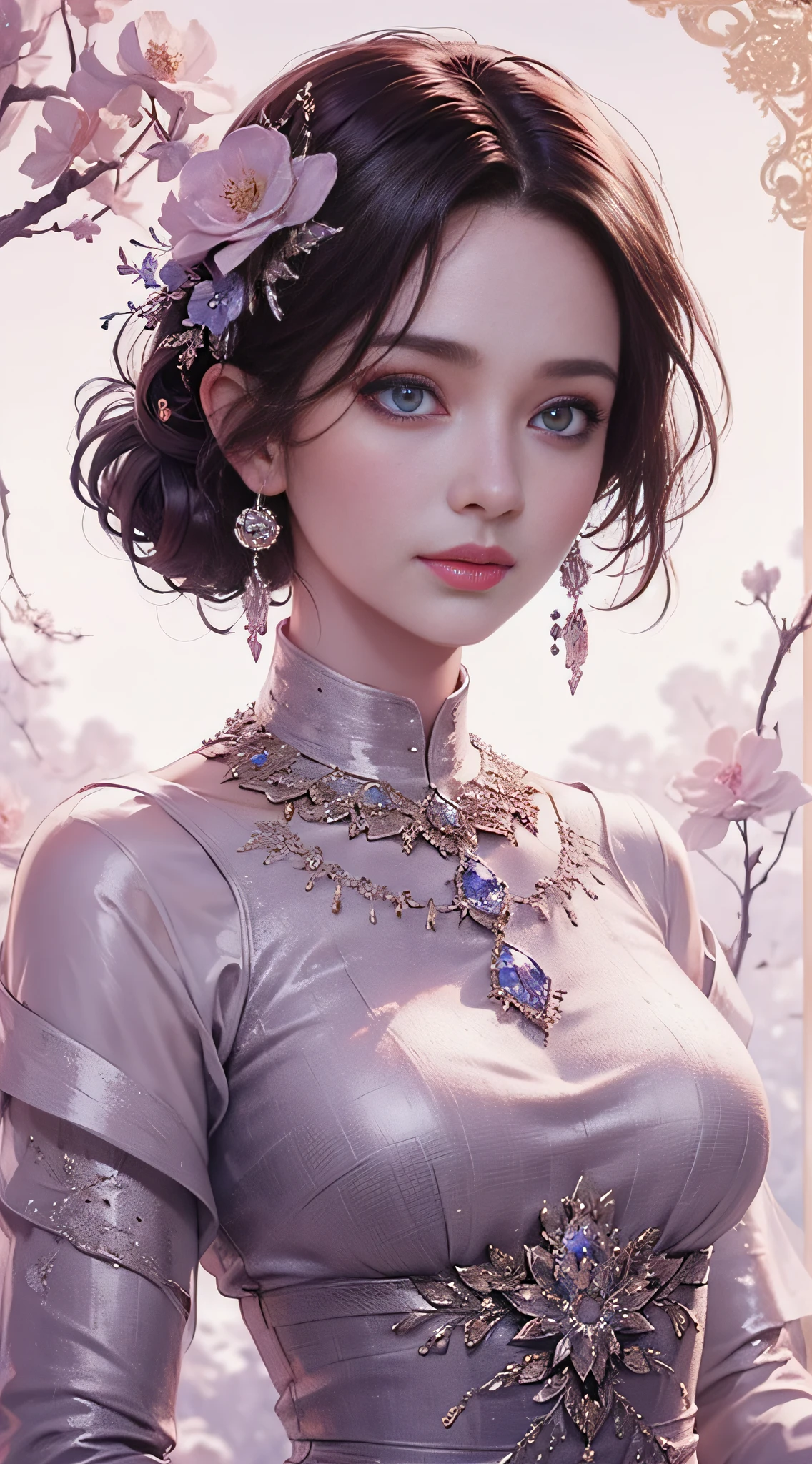 tmasterpiece,Highest high resolution,((themoon)),Dynamic bust of beautiful aristocratic maiden,Elegantly coiled brown chestnut hair,Purple clear eyes,The hair is covered with beautiful and delicate floral craftsmanship, Crystal jewelry filigree,Ultra-detailed details,upscaled,The earth rises。
