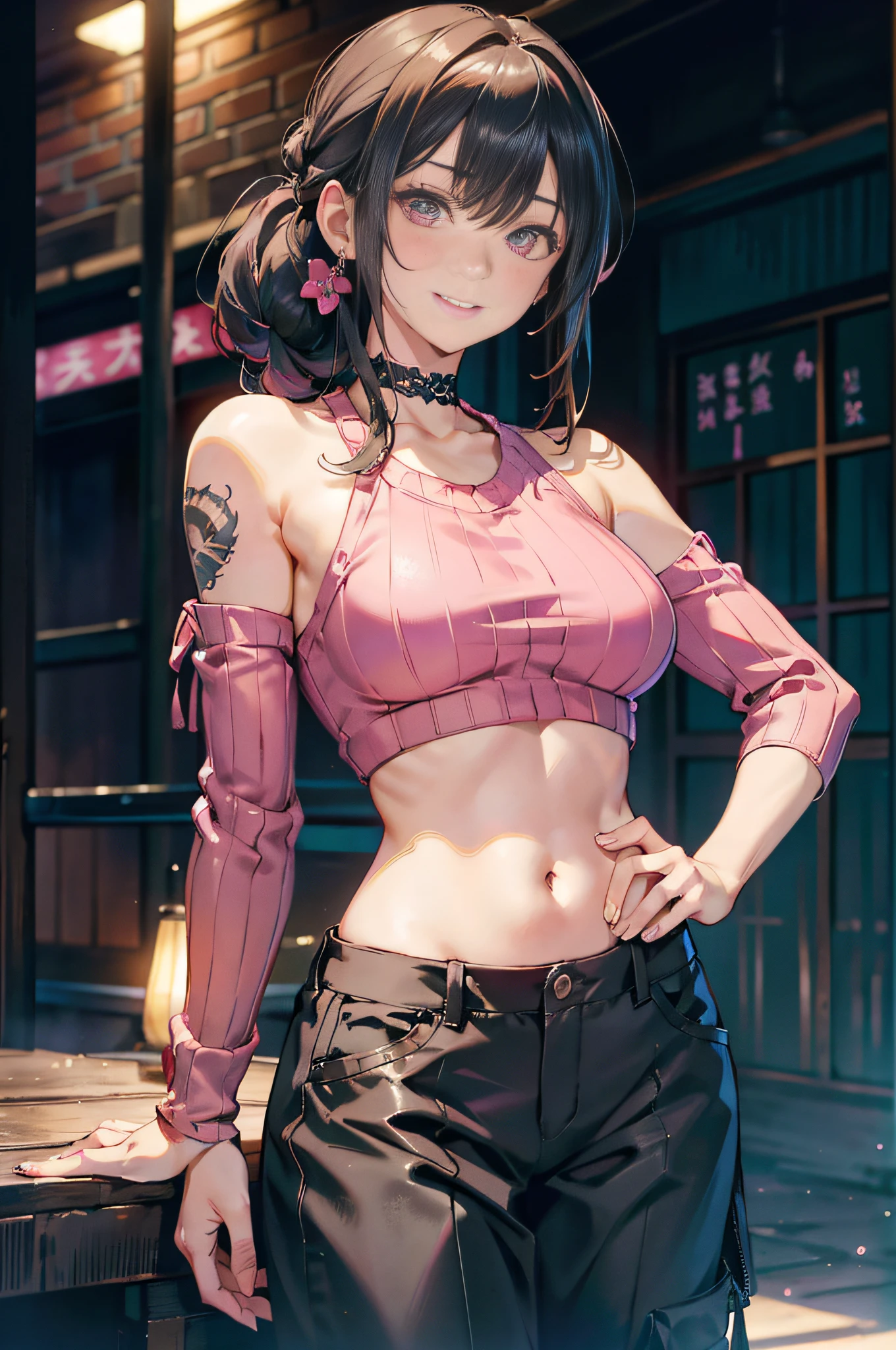 a 20 yo woman、Pink hair、long twintail、Big smile、nedium breasts、crisp breasts、The thighs are clear at a glance、fishnet tights、＜Tips for quality improvement＞
＜Character appearance、Background and other tips＞
Break (Pink theme:1.4), (Vivid colors:1.3), (Pink sweater:1.4), (longer sleeves:1.3), ((cropped shoulders, navel, stomach):1.3),
Break (Black Themes:1.3), ((Black oversized pants, Black baggy pants):1.3), (Black choker:1.2), (Earrings:1.2), (Lace-up boots:1.1),
＜expressioness、illuminating、Other tips＞(hi-top fade:1.3)、dark themes、muted tones、pastelcolor、hight contrast、(Natural Skin Textures、Hyper-realism、Soft light、Sharp) (masutepiece, of the highest quality, Best quality, offcial art, Beautiful and aesthetic: 1.2), (1girl in: 1.3), Very detailed, (Fractal art: 1.1), (Color: 1.1) (Flowers: 1.3), (author：Higuchi Yuko:1.4), Yuko Higuchi,(Posted by Yow:1.2),(linear art),Line drawing,pen painting,zentangle,(tattoo pattern:1.2),(Complex lines),(masutepiece),(Best quality:1.1), (Ultra-detailed),Best Illustration,finedetail,hand-drawn high quality,High contrast,(Clean lines:1.3),清晰的线条,(Portrait),(Very close-up:1.1),1 girl,Solo,The girl was wrapped in snow,(Intricate details:1.3),(Detailed background:1.2),(coloured background:1.1),Sketch,Intricate details,high resolution，a moon，top-quality、8K、A high resolution、tmasterpiece、(porate:0.6)、brunette color hair、mid hair、(grinning evily:1.3)、(looki at viewer:1.3)、(bokeh dof)、18yr old、8K, masutepiece, (Photorealistic:1.5), Artistic portrait from behind ((Gangster girl) in a kimono), Back tattoo, Tattoos that expose the back, (Dragon tattoo), Bare shoulders, huge-breasted,  Beautiful skin, Slim fit, Cute face, Nice appearance, view the viewer, The red hair is tied in a bun with bangs, Foggy, Daylight, skyscrapper, Clouds, Cozy and cool atmosphere, Dynamic lighting, Natural, Artistic，18-year-old girl Wahori skin, The Yakuza, Japanese mafia, Background of Tokyo's red light district, Realistic, Photoreal, masutepiece, Best quality, Sexy tattoos, Exotic, Erotic，Tribal Tattoos Tribal tattoos are all over the arms，