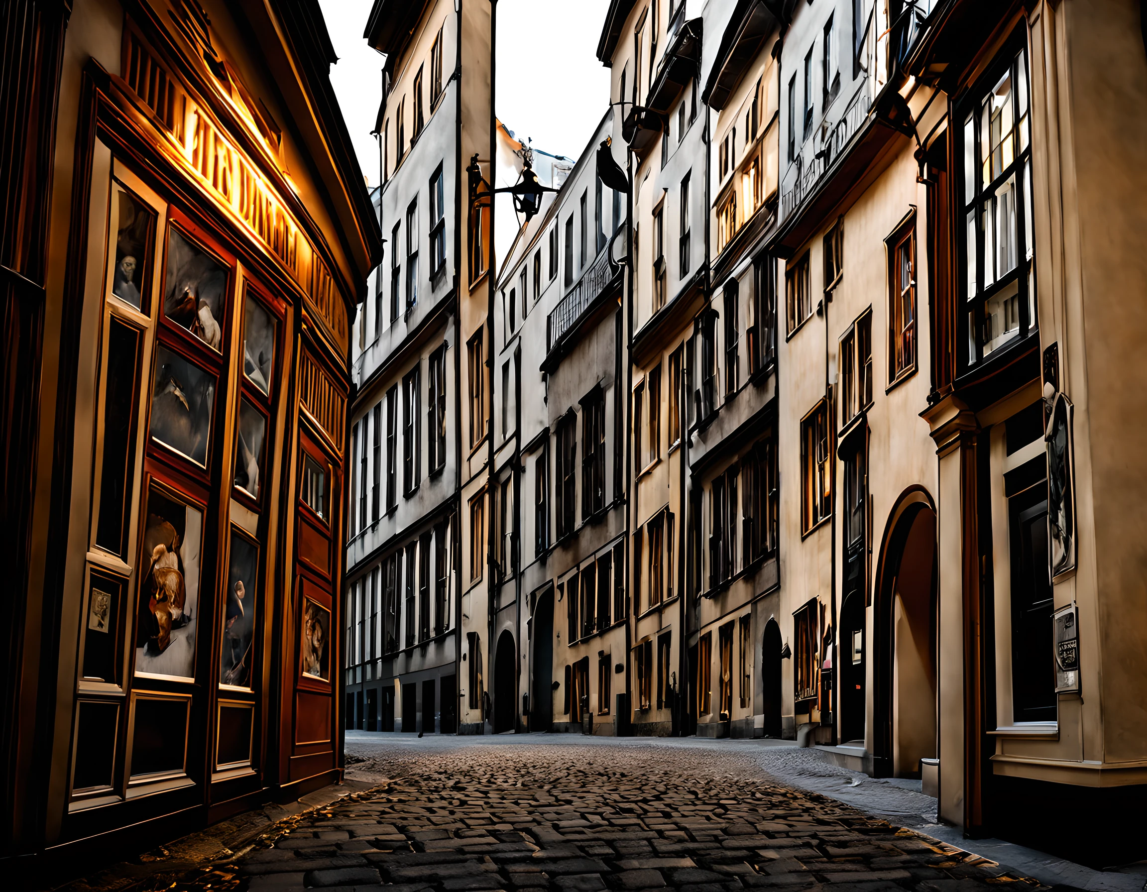 old Vienna, mix between 18th century and Harry Potter Diagon Alley, narrow streets, old wood clad store fronts with ornaments, dark, old street lanterns,