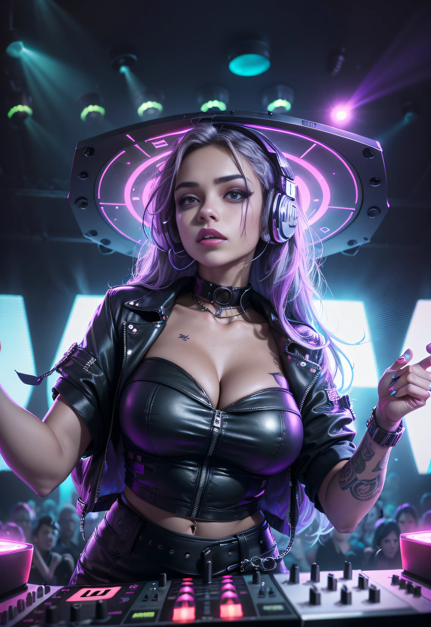 "(((A female DJ))),(Huge speakers on stage,Color luminescent mixer,Female DJ at work,Serious work,DJing,tuning,),(Exquisite facial features,big breasts beautiful,adolable,Black leather skirt,Playful accessories,DJ headphones,The headphones glow,Eccentric,vivaciousness,Expressive,Raised sexy),((Face the dance floor audience below)),Music Clubs,lamplight,night club,Independent cinema,DJ facing the dance floor,LED.Underground banquet hall,Highest quality,Skin texture,Intricate details,(Cinematic lighting),RAW photo,8K。" luminouslighting. Vivid colors.