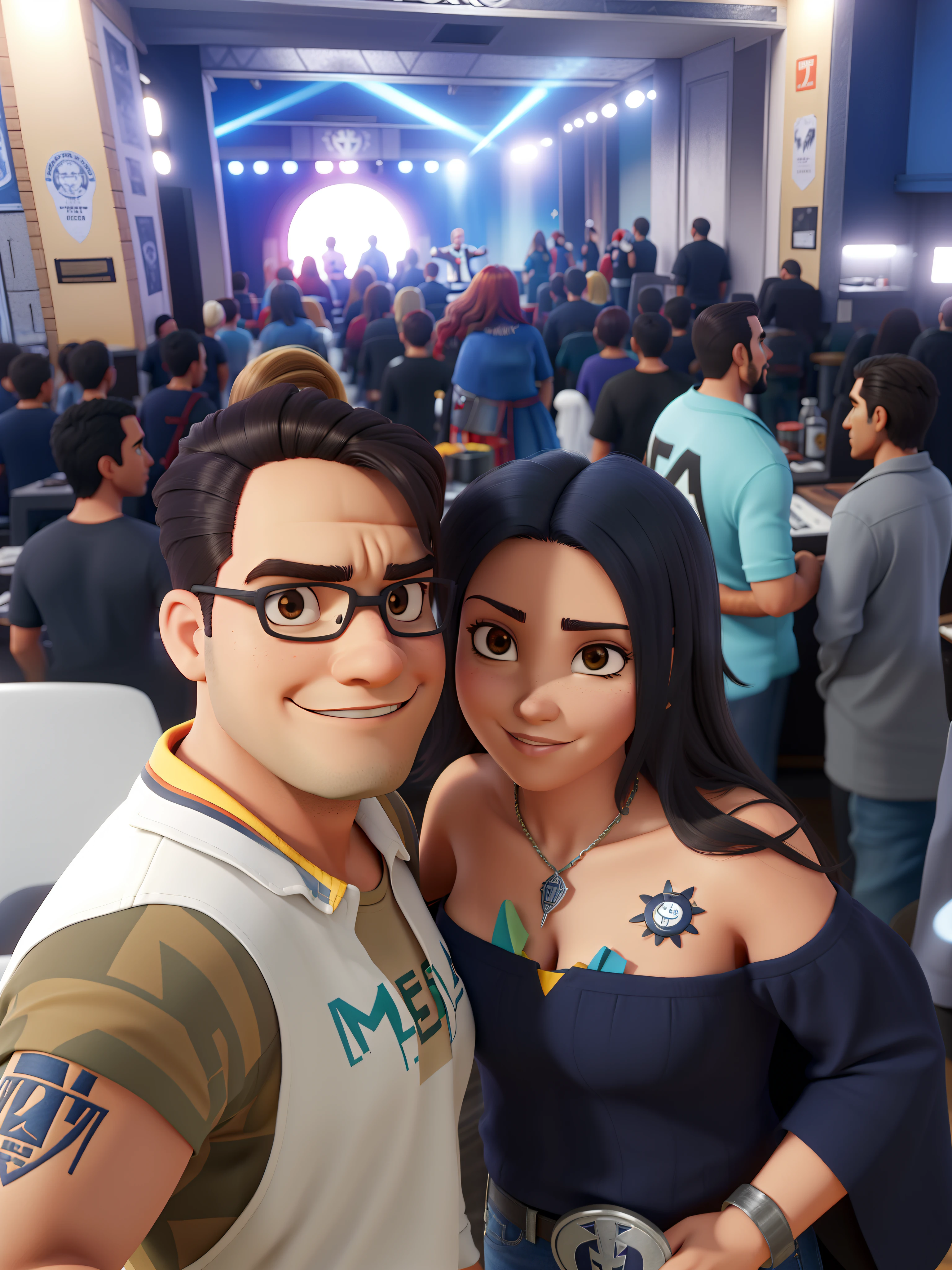 um bonito casal latino americano apaixnonado por heavy metal, a mulher tem cabelos vermelhos e o homem tem barba curta e usa camisa do iron maiden