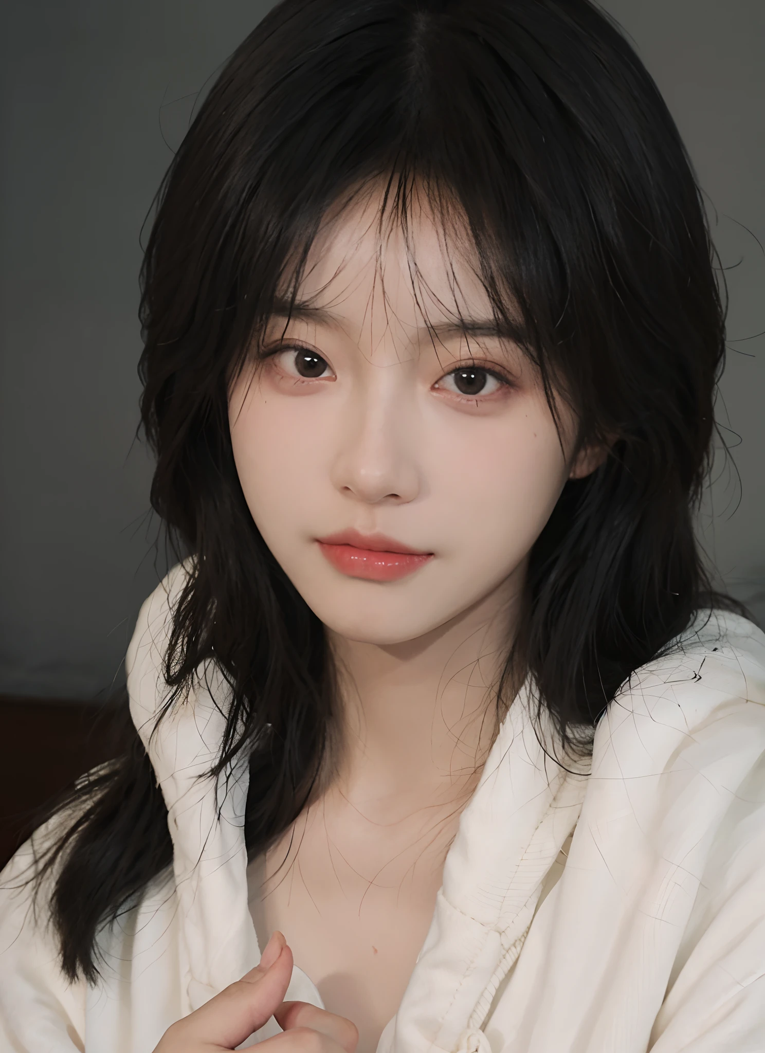 best qualtiy， 超高分辨率， （realisticlying：1.4），A woman with long black hair and a gray sweater, Soft portrait shot 8 K, pale round face, She has black hair，By bangs, young lovely Korean faces, wan adorable korean face, ulzzangs, Shin Jinying, beautiful aesthetic face, Korean face features, soft round face, iu lee ji-eun as a super villain, Beautiful realistic face