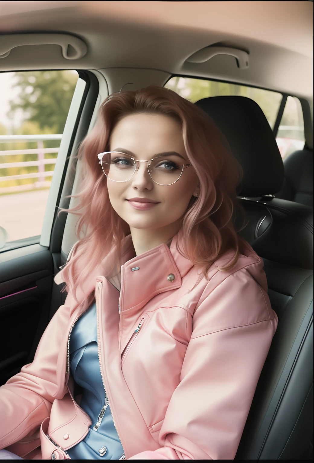 woman in pink jacket sitting in car with back seat facing the camera, aleksandra waliszewska, sitting in her car, ewa juszkiewicz, moleksandra shchaslyva, magdalena radziej, viktoria gavrilenko, angelina stroganova, emily rajtkowski, alina ivanchenko, ekaterina