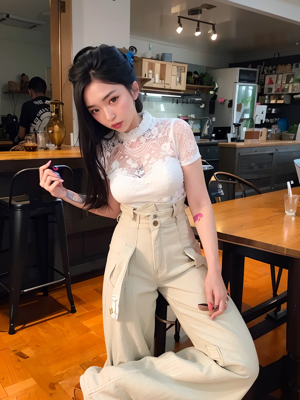 there is a woman that is sitting on a stool in a room, 2 0 2 0 fashion, large view, femme, highly stylized, sakimichan, sha xi, 19xx, petite, trendy clothes, 3 colour, stylized, postprocessed), 🦩🪐🐞👩🏻🦳, thin-waist, muted colored bodysuit