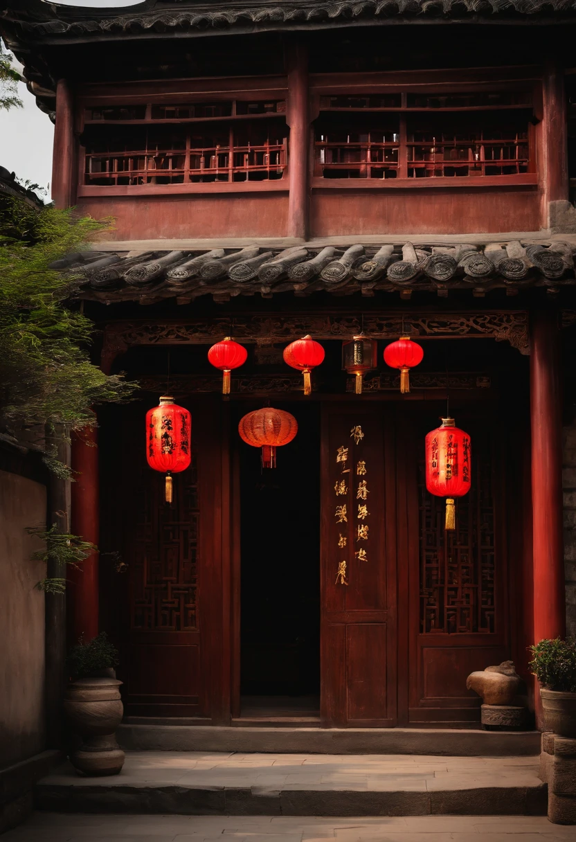 A wooden building with lanterns hanging on the roof, zhouzhuang ancient town, Shop front, old shops, full - view, qiangshu, up front view, shop front, preserved historical, historical context, seen from outside, Ancient construction, Ancient buildings, 12th century apothecary shop, author:Li Zai, guangjian, historical image